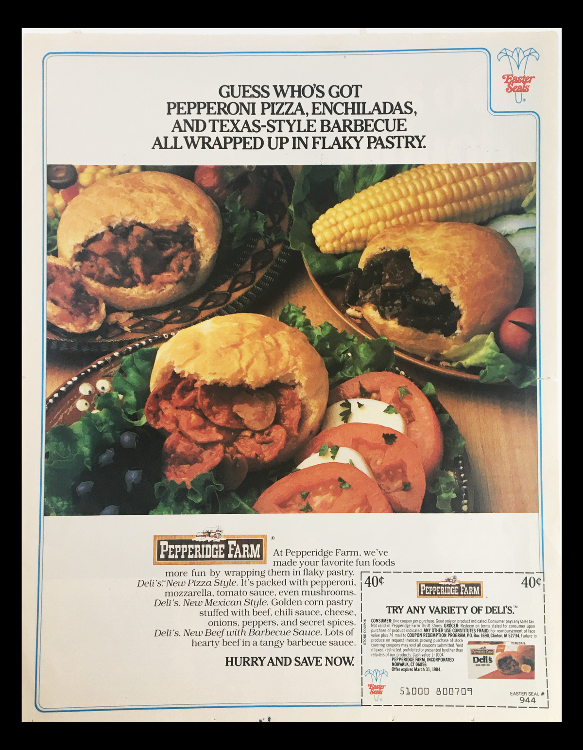 1983 Reynolds Wrap Aluminum Foil Circular Coupon Advertisement displaying Pepperidge Farm products, including various wrapped pastries surrounded by fresh vegetables.