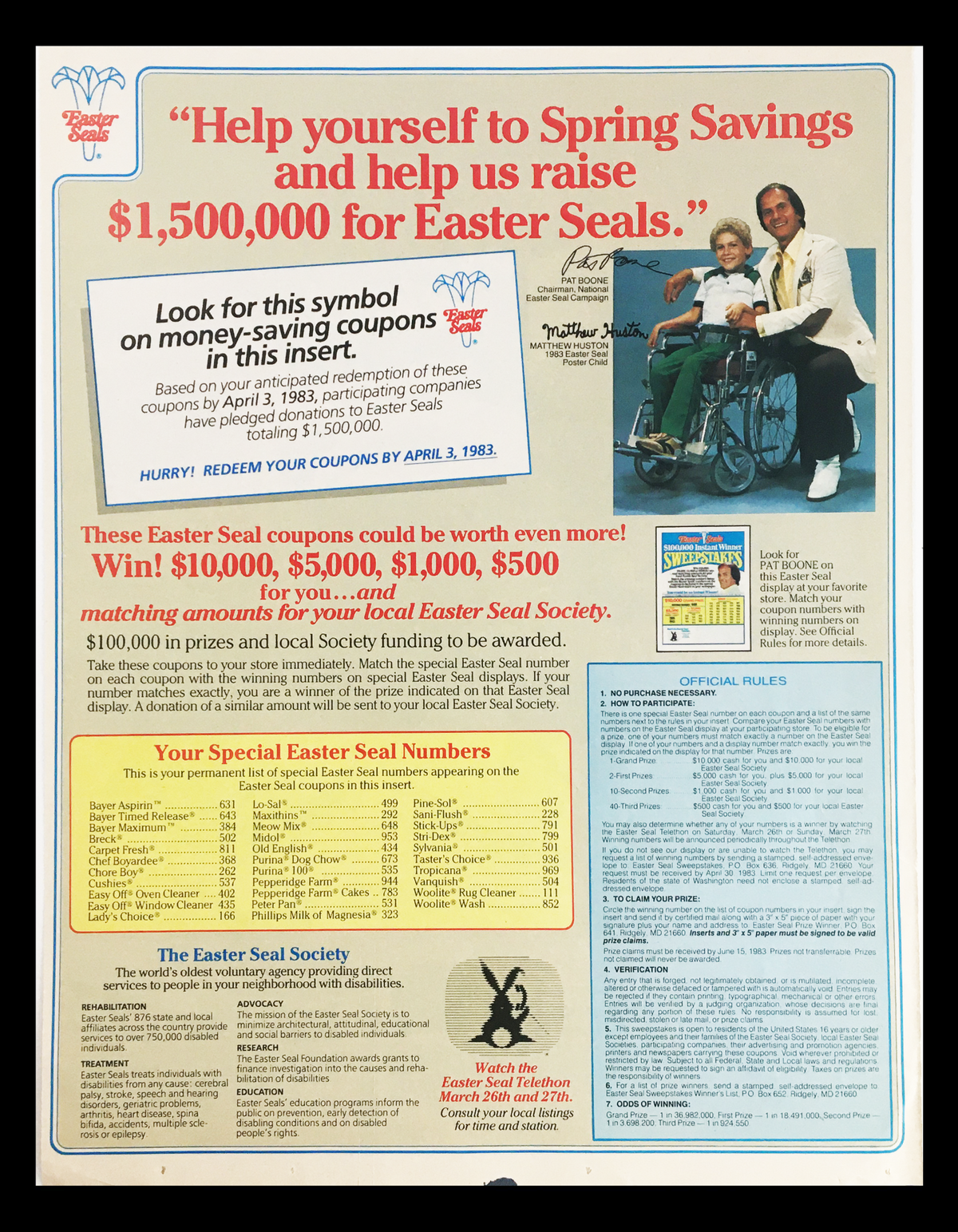 1983 Pepperidge Farm and Taster's Choice Coffee Circular Coupon Advertisement highlighting a fundraising initiative for Easter Seals with coupons and prize information.