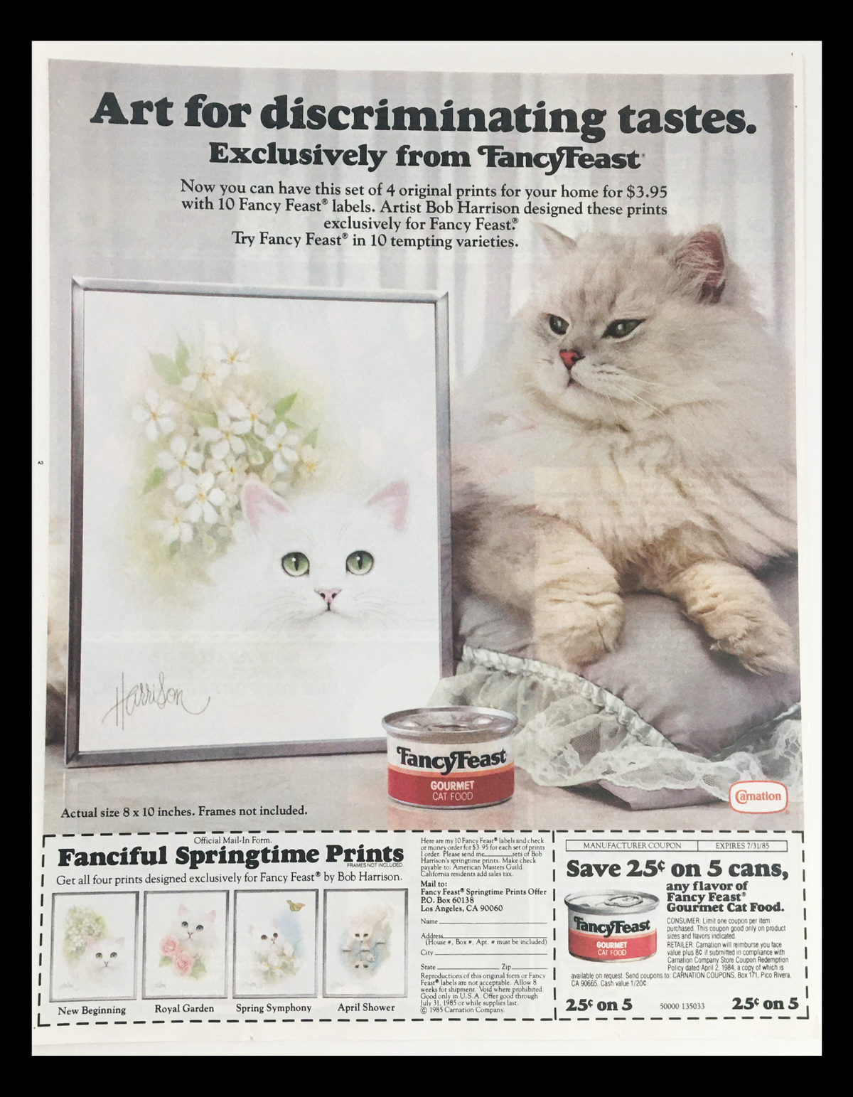 1985 Fancy Feast Gourmet Cat Food Circular Coupon Advertisement featuring a stylish layout with a frame containing an illustrated cat, showcasing the Gourmet Cat Food product and promotional prints by artist Bob Harrison, emphasizing the brand's marketing strategy from the 1980s.
