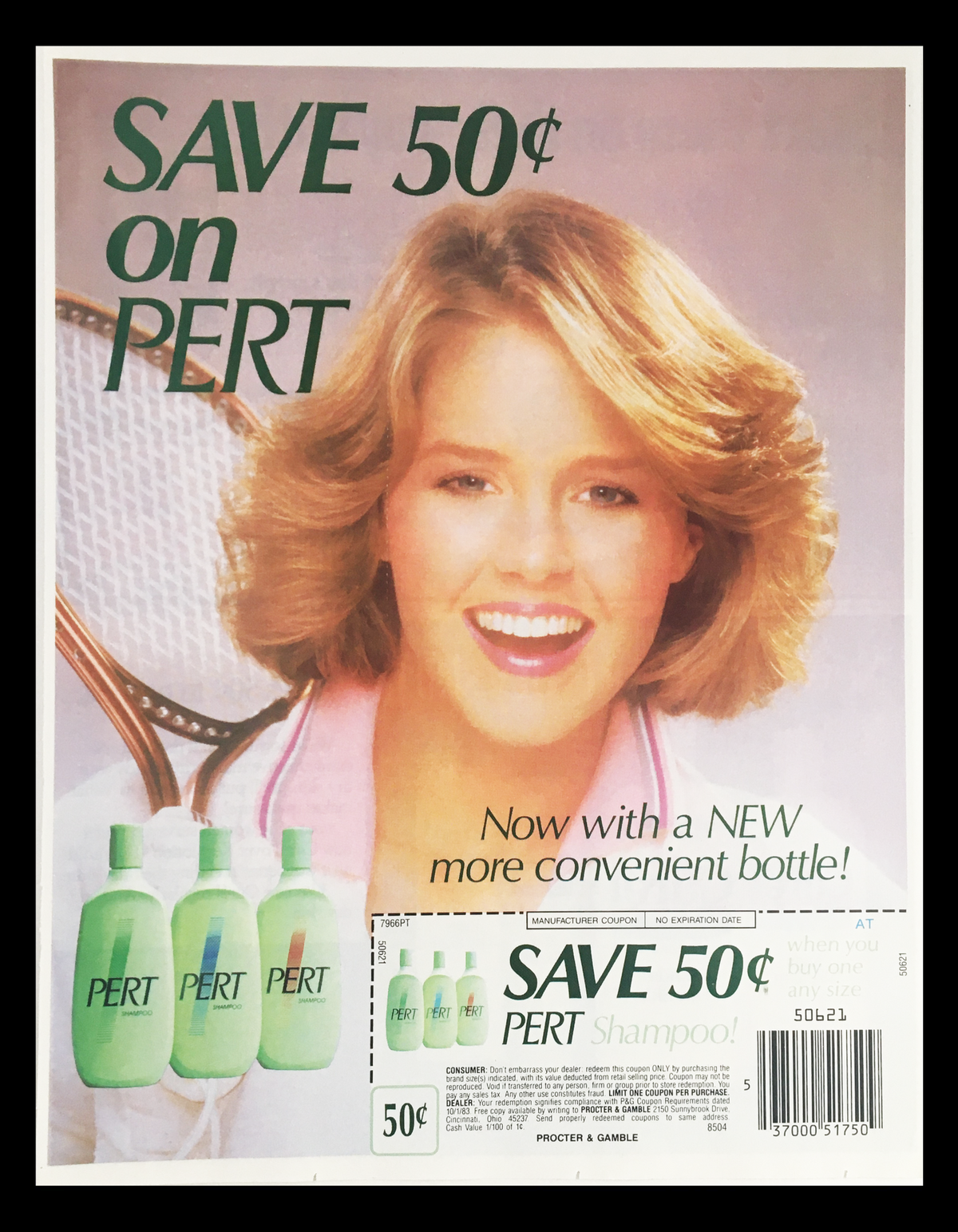 1985 Pert Shampoo Circular Coupon Advertisement featuring a smiling woman with flowing hair promoting a 50-cent discount on Pert Shampoo, showcasing the product bottles and highlighting a new convenient bottle design.
