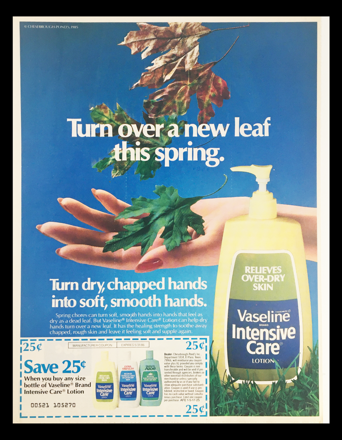 1986 Vaseline Brand Intensive Care Lotion Circular Coupon Advertisement featuring a bottle of lotion, promoting the benefits of soft, smooth hands, and highlighting a coupon offer. The advertisement uses vibrant imagery of green leaves to convey a spring theme.