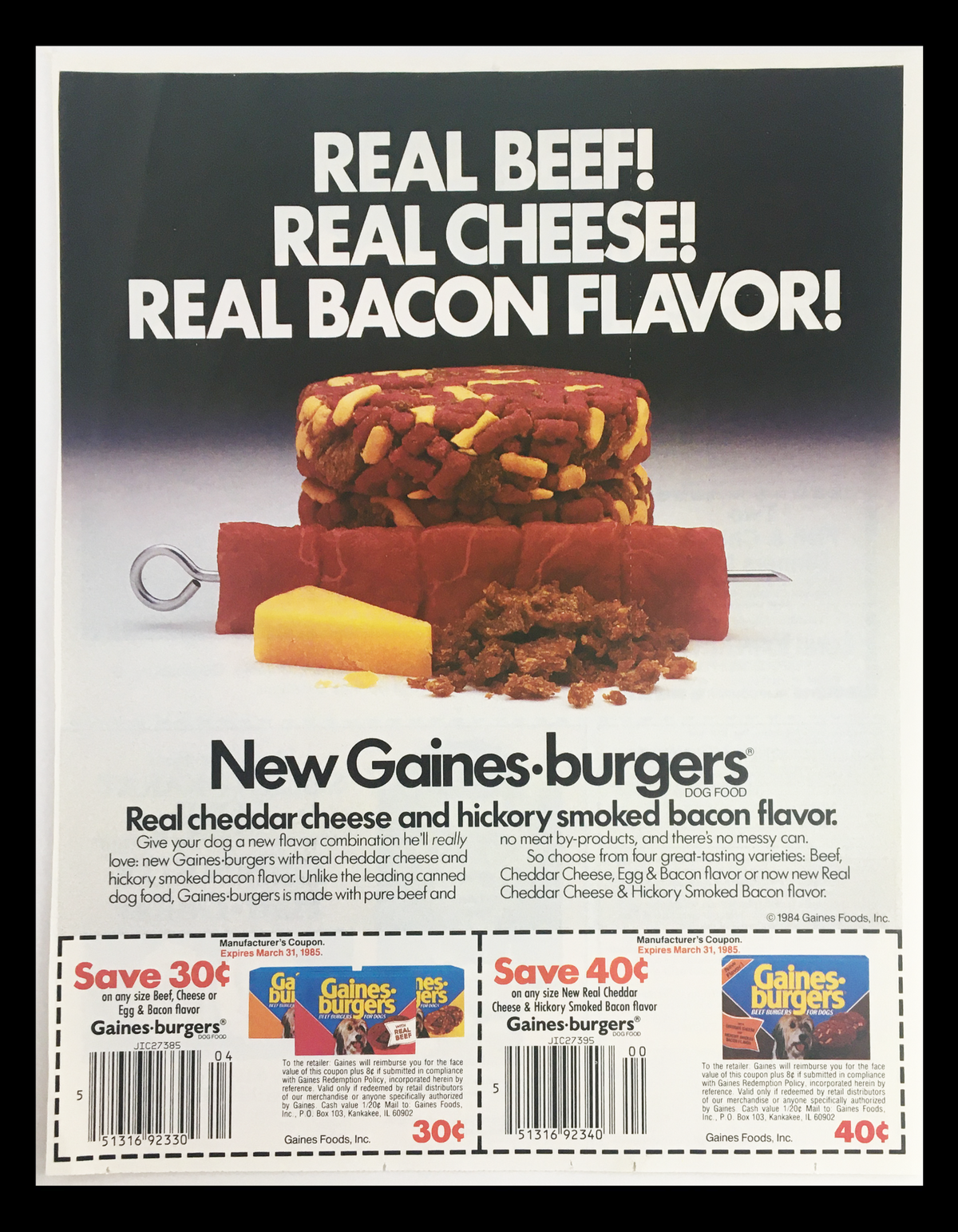 1984 Gaines-Burgers Hickory Smoked Bacon Flavor Circular Coupon Advertisement showcasing vibrant graphics and a delicious dog food promotion with a focus on real beef, real cheese, and real bacon flavor.