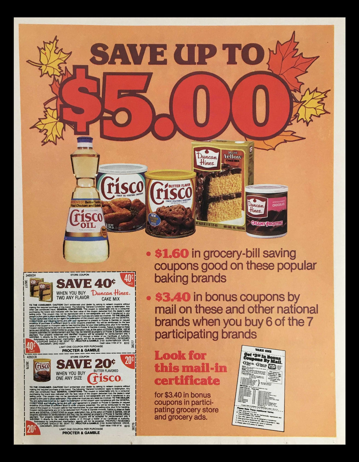 1983 Crisco Oil & Duncan Hines Deluxe Cake Mix Circular Coupon Advertisement featuring products like Crisco Oil, Duncan Hines cake mix, and saving offers, highlighting nostalgia from the 1980s.