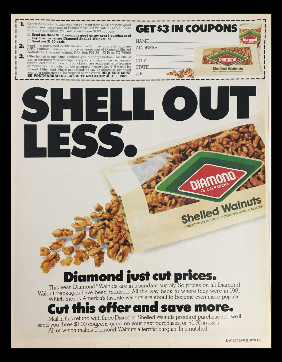 1983 Diamond of California Shelled Walnuts Circular Coupon Advertisement featuring a promotional offer for shelled walnuts, including the product packaging and a savings coupon with details on how to cut the offer.