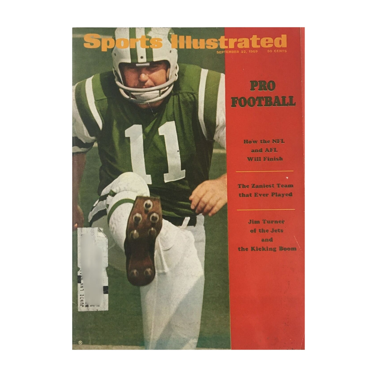 Cover of Sports Illustrated magazine from September 22, 1969, titled 'Pro Football', featuring Jim Turner of the Jets and highlighting NFL insights, part of a lot of 8 1960s-1970s Sports Illustrated Magazine NFL Collections.