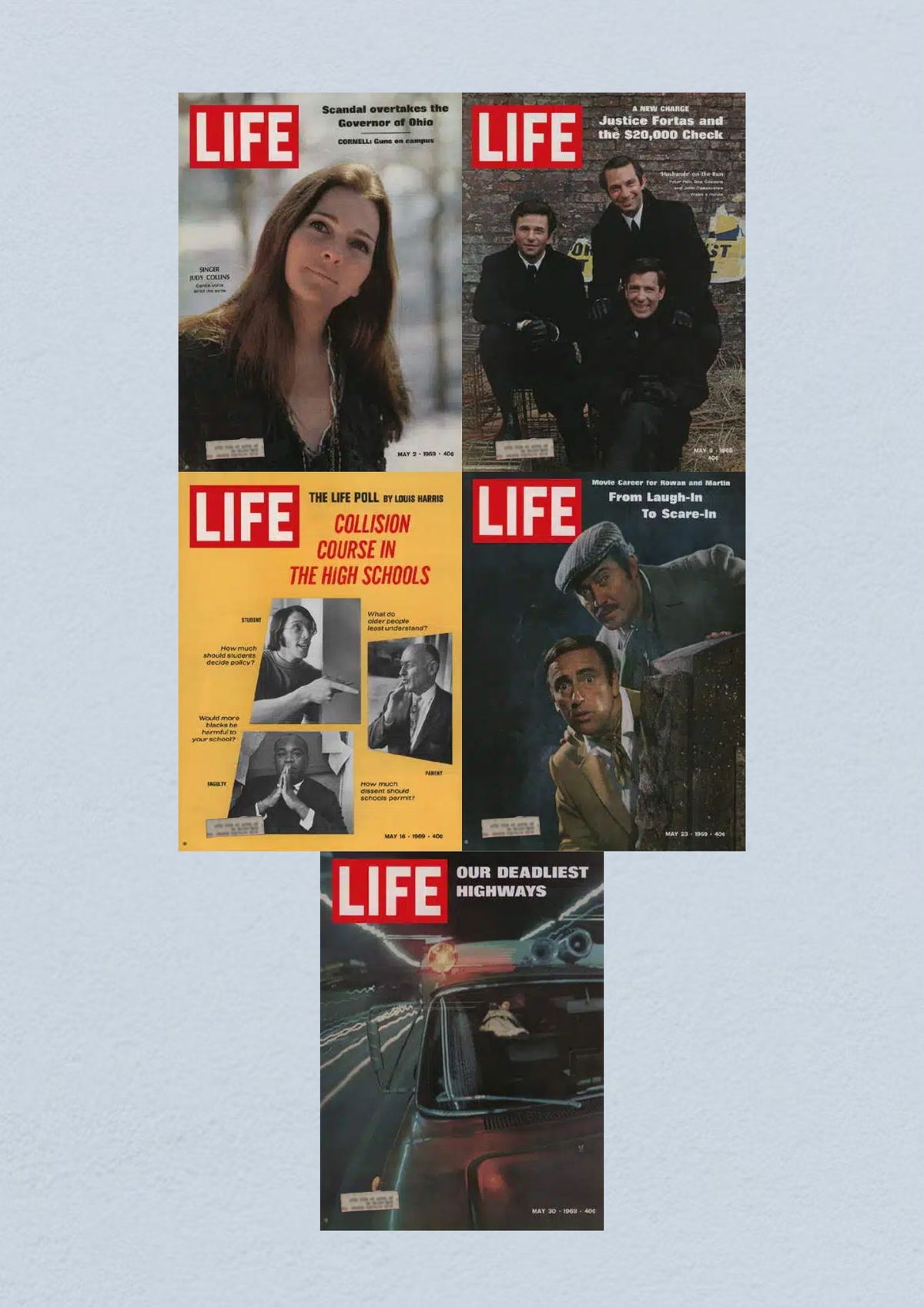 Life Magazine Lot of 5 Full Month May 1969 featuring issues from May 2, 9, 16, 23, and 30, showcasing significant cultural moments and influential figures of the Space Race era.