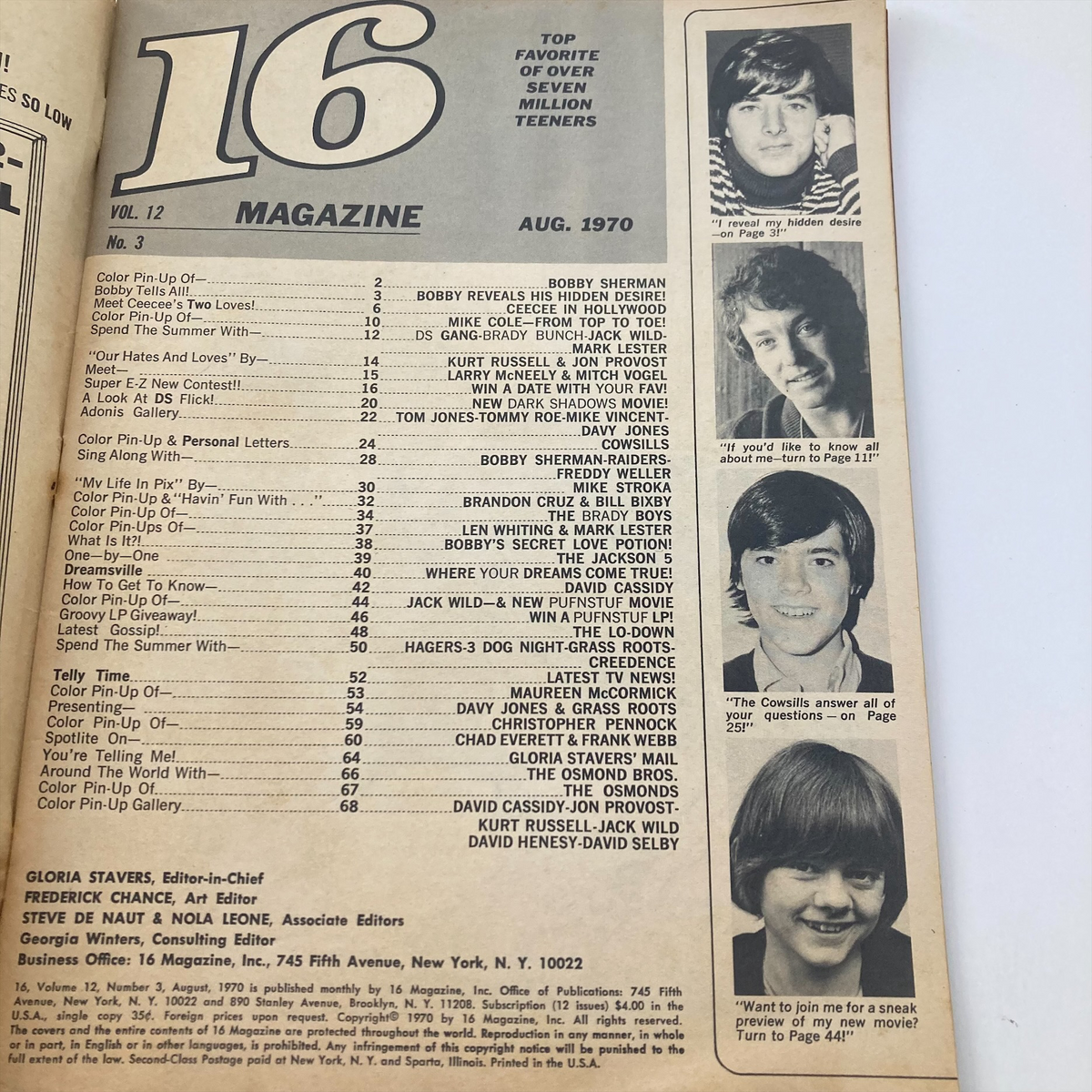 Interior page of VTG 16 Magazine August 1970 showcasing the table of contents for Vol 12 No. 3 including features on celebrities.