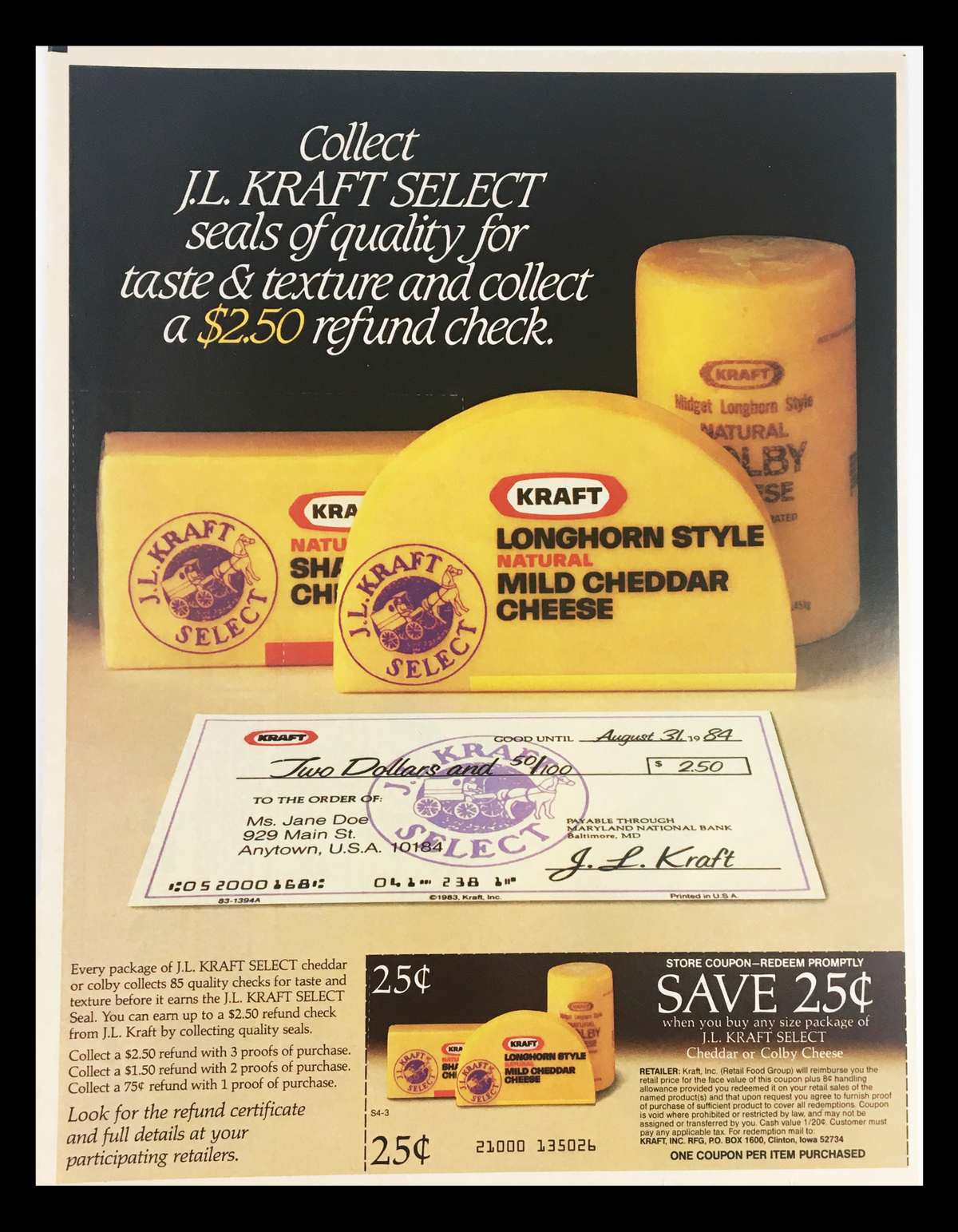 1984 J.L. Kraft Select Mild Cheddar Cheese Circular Coupon Advertisement featuring cheese products and a $2.50 refund check offer.