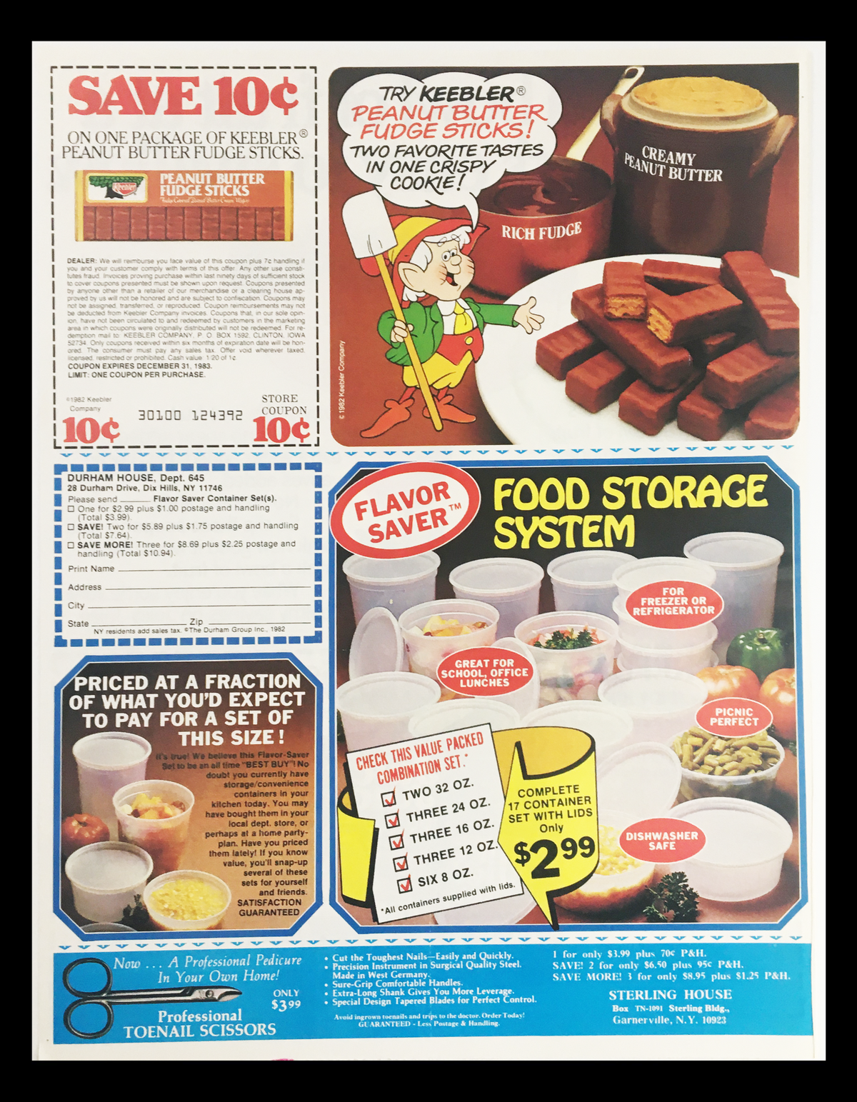 Another advertisement page featuring Keebler Peanut Butter Fudge Sticks and a Food Storage System, highlighting price savings and product benefits.