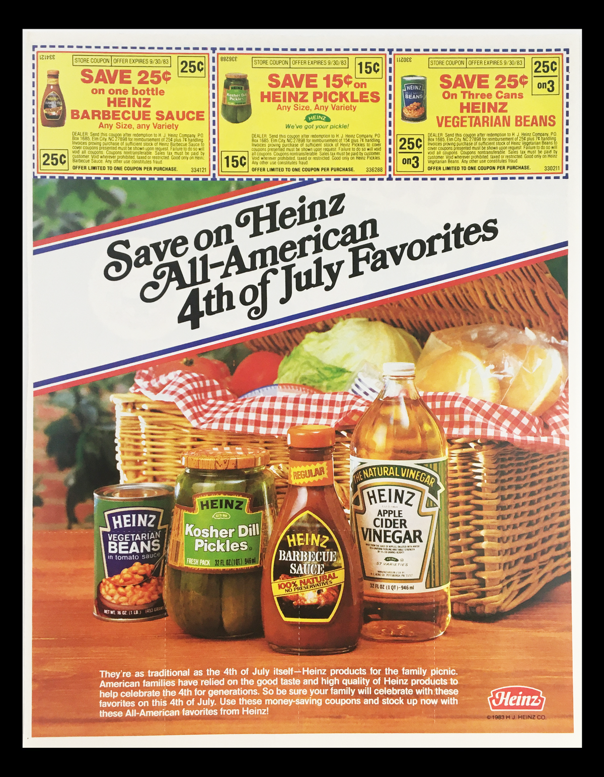 1983 Heinz All-American 4th of July Favorites Circular Coupon Advertisement featuring Heinz products including vegetarian beans, pickles, and barbecue sauce alongside a picnic basket, promoting savings on popular items.