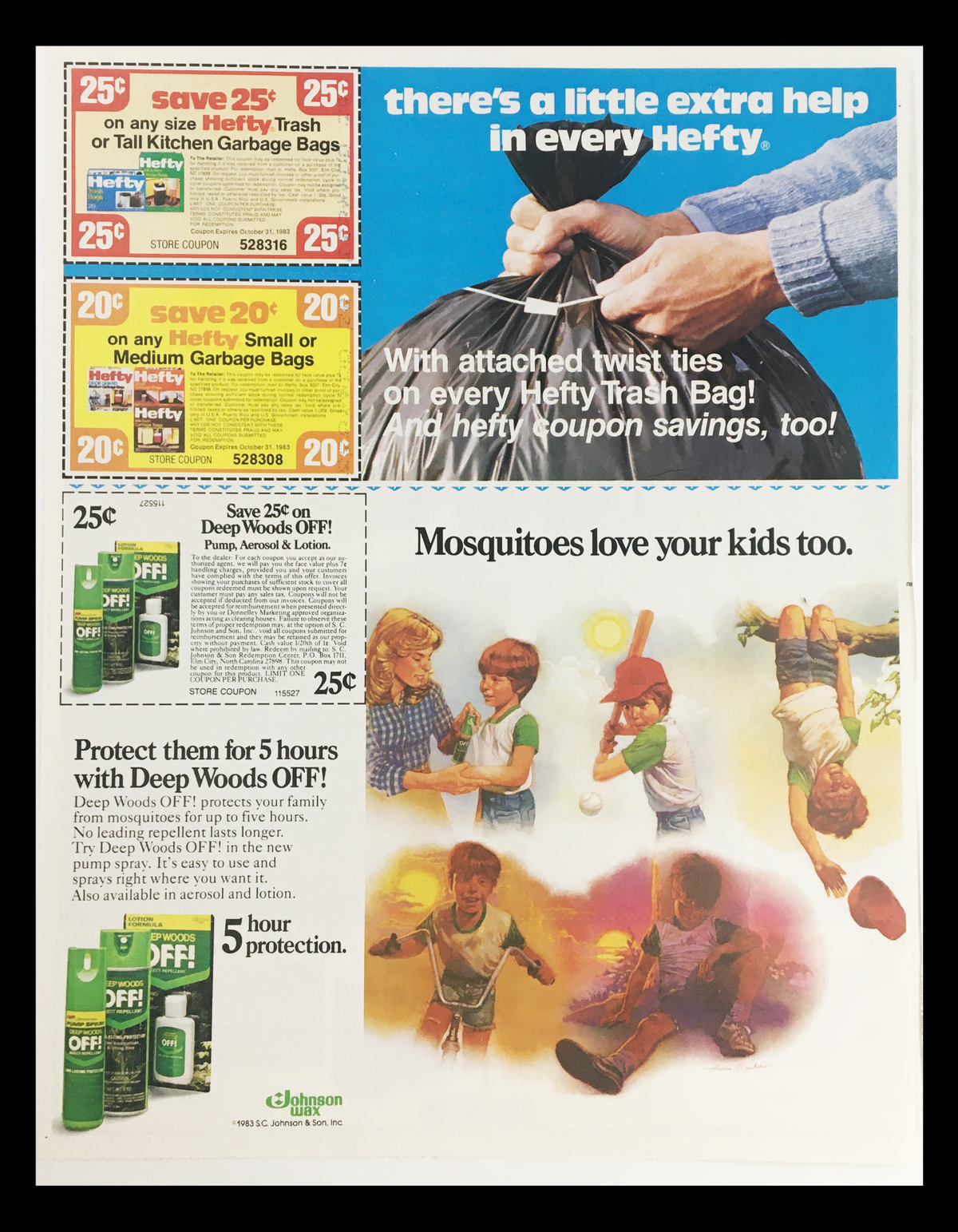 1983 Meister Brau Circular Coupon Advertisement showcasing colorful promotions for Hefty trash bags and Deep Woods OFF! mosquito repellent. Features various coupons and vibrant visuals typical of early 80s marketing.