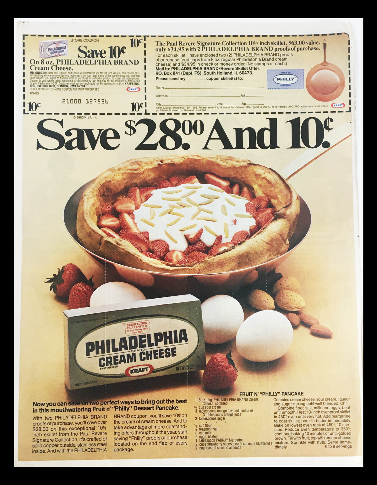 1983 Kraft Philadelphia Brand Cream Cheese Circular Coupon Advertisement showcasing a delicious fruit and pancake dessert, featuring the Philadelphia Cream Cheese product prominently, with savings of $28 and 10 cents. Good condition, original advertisement.