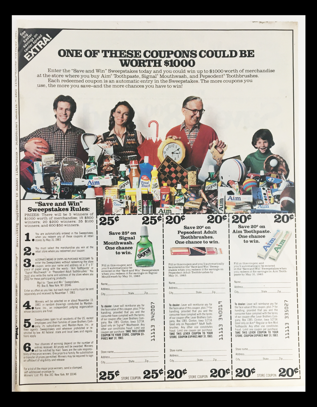 1983 Kraft Philadelphia Brand Cream Cheese Circular Coupon Advertisement highlighting the 'Save and Win' sweepstakes with various household products and coupons displayed, emphasizing potential savings and promotional offers.