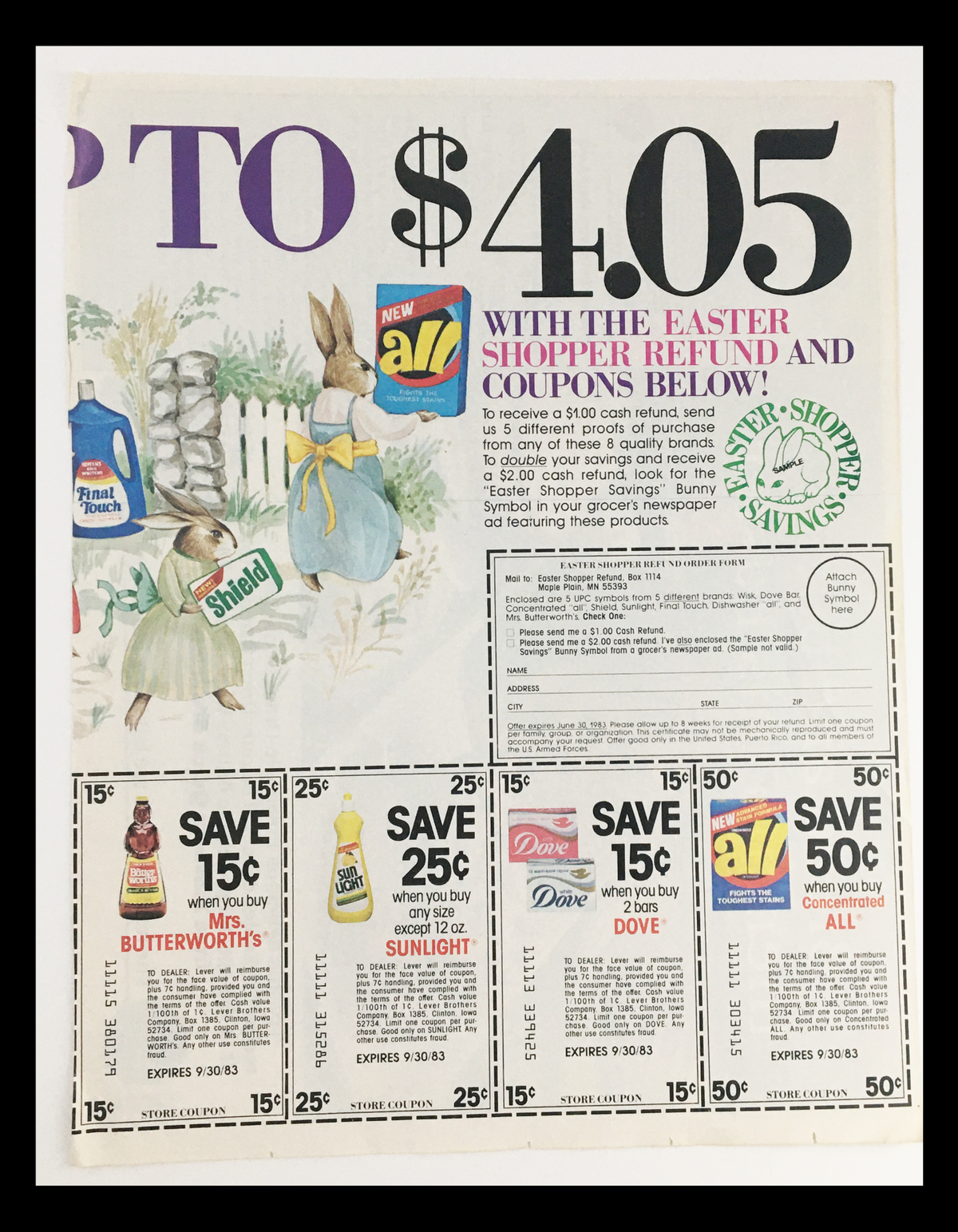 1983 Pillsbury Quick Bread Mix Circular Coupon Advertisement featuring a vintage design with Easter-themed illustrations and various product coupons including Butterworth's, Sunlight, Dove, and an offer of up to $4.05 savings.