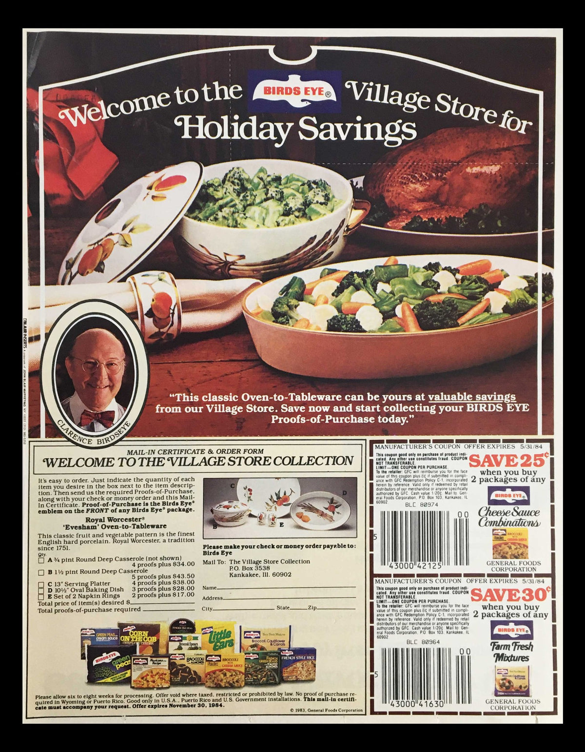 1983 Holiday Savings advertisement for Village Store featuring a classic Birds Eye tableware collection and various food product coupons, showcasing festive themes.