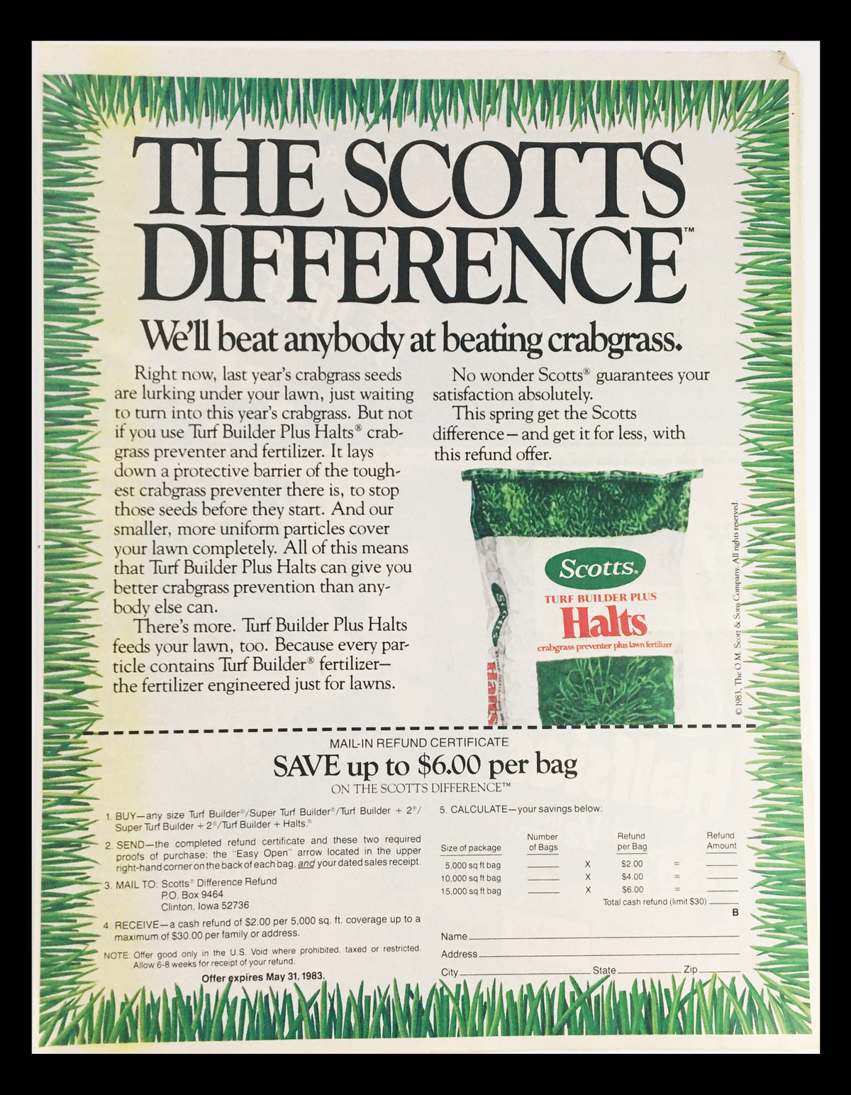 1983 Scotts True Builder Plus Halts Circular Coupon Advertisement showcasing the product and features, ideal for lawn care enthusiasts. Advertisement highlights the effectiveness of True Builder Plus Halts in combating crabgrass.