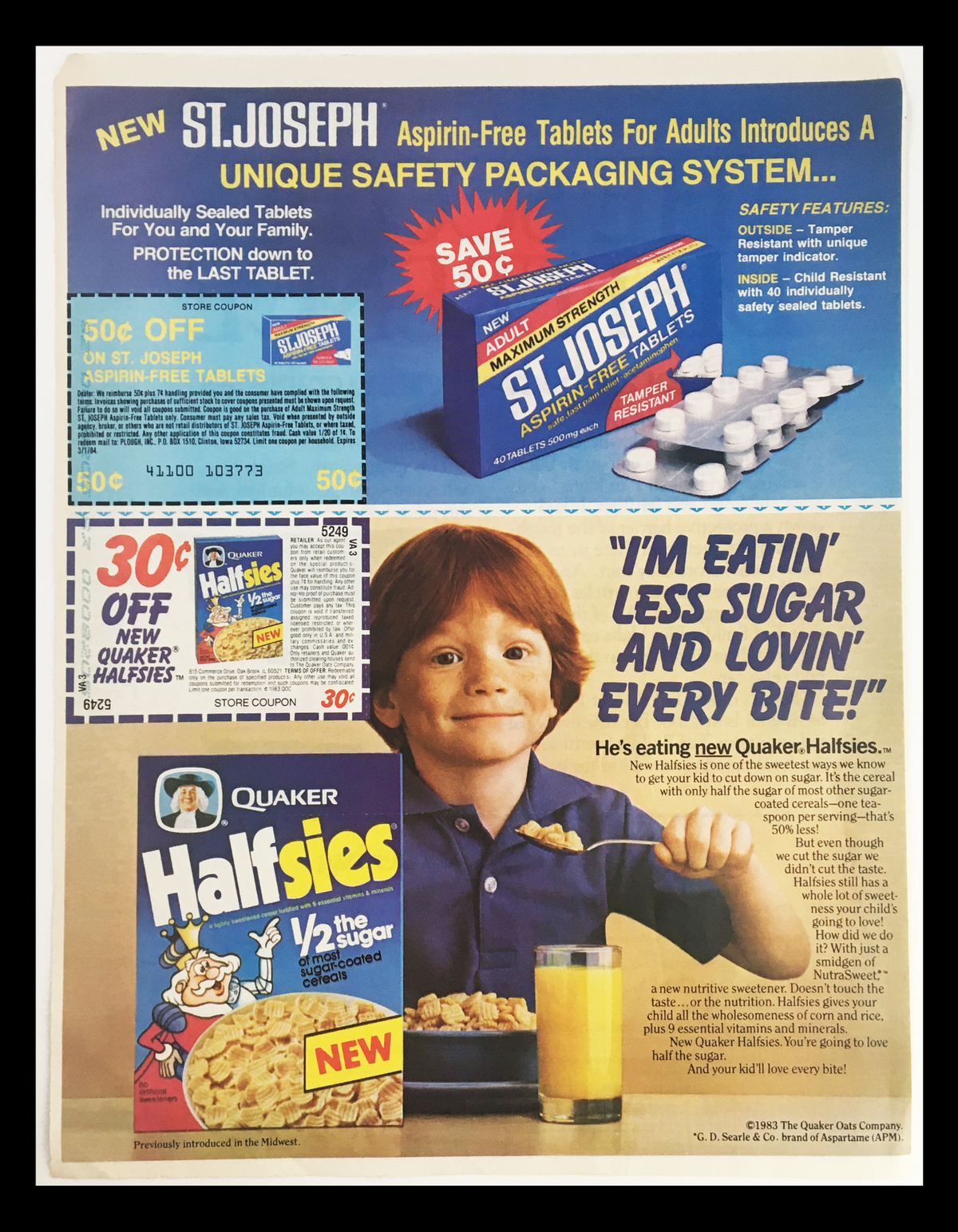 1983 St. Joseph Aspirin-Free Tablets advertisement featuring a child enjoying cereal with Quaker Halfies. The ad promotes the unique safety packaging system and savings on the product, providing a nostalgic look at childhood snacks.