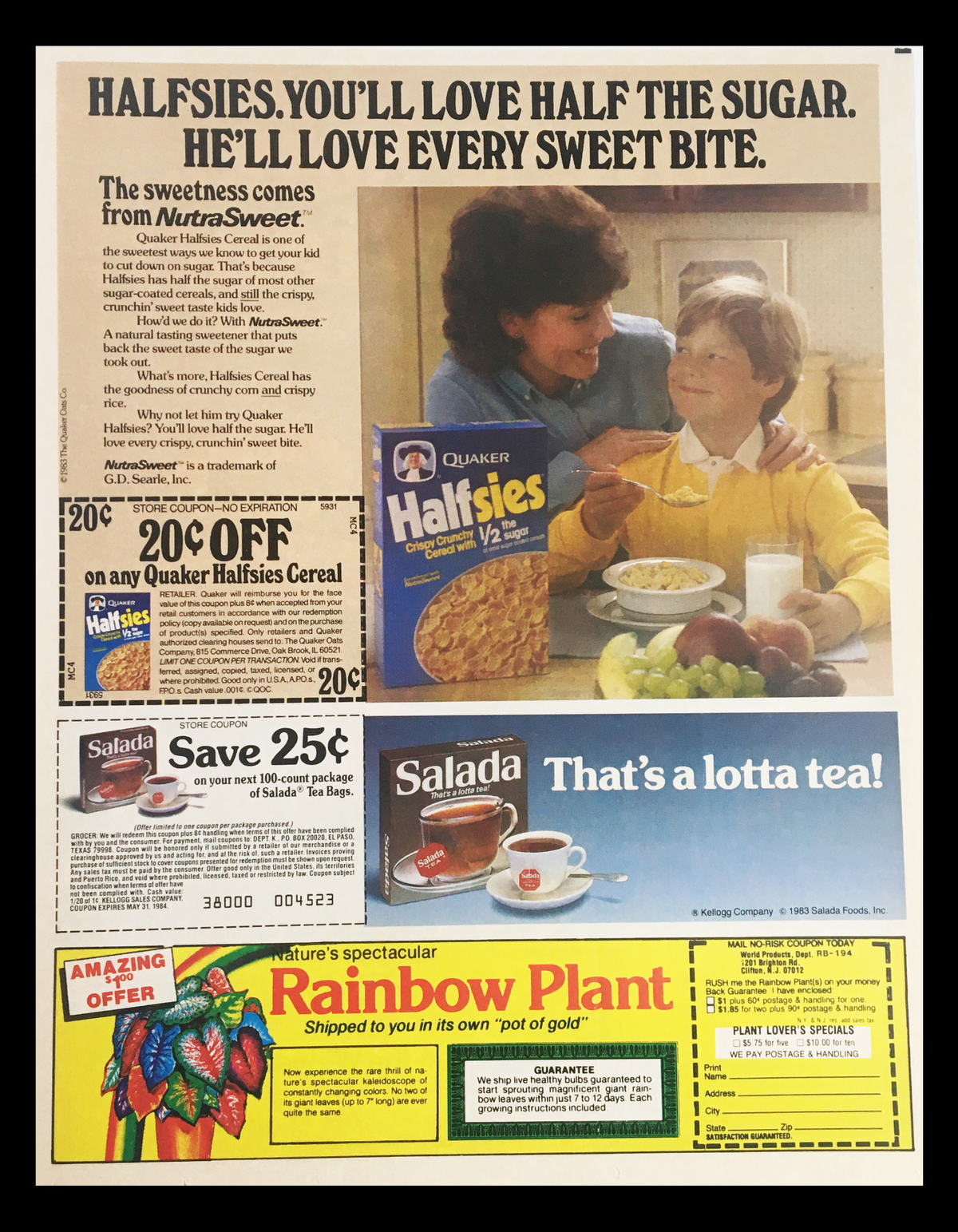 1984 Quaker Halfsies Cereal Advertisement showcasing a mother and child enjoying cereal. Features a coupon for a discount on Quaker Halfsies, promoting its low sugar content and crunchy texture alongside additional product offers.