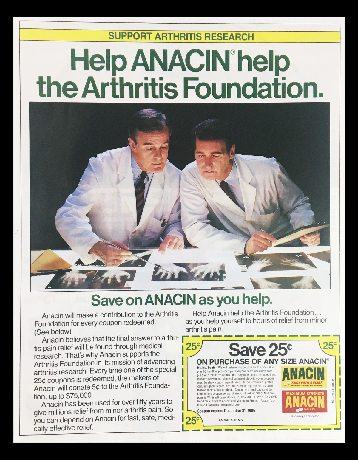 1986 Anacin The Arthritis Foundation Circular Coupon Advertisement featuring two researchers examining photographs to support arthritis research. The ad promotes saving on Anacin while helping the Arthritis Foundation.
