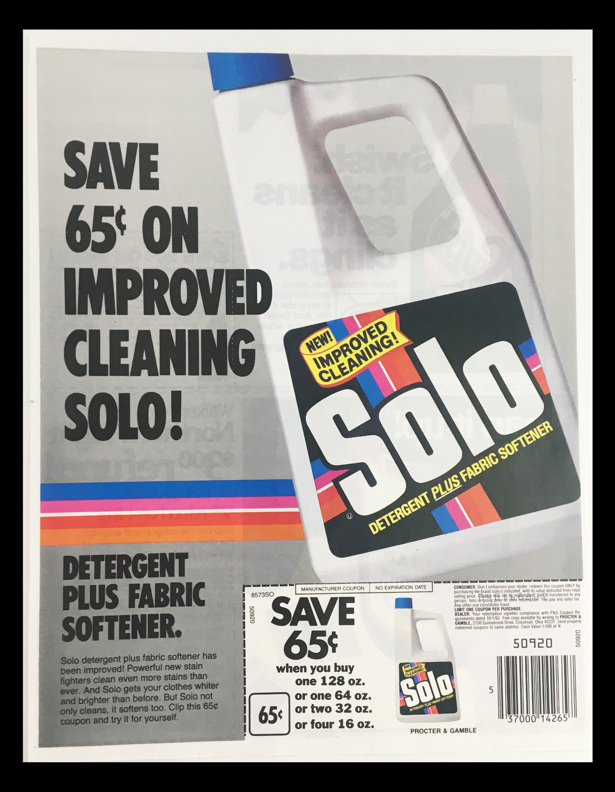 1983 Solo Detergent Plus Fabric Softener Circular Coupon Advertisement showcasing a bottle of Solo detergent with a 65 cent savings coupon.