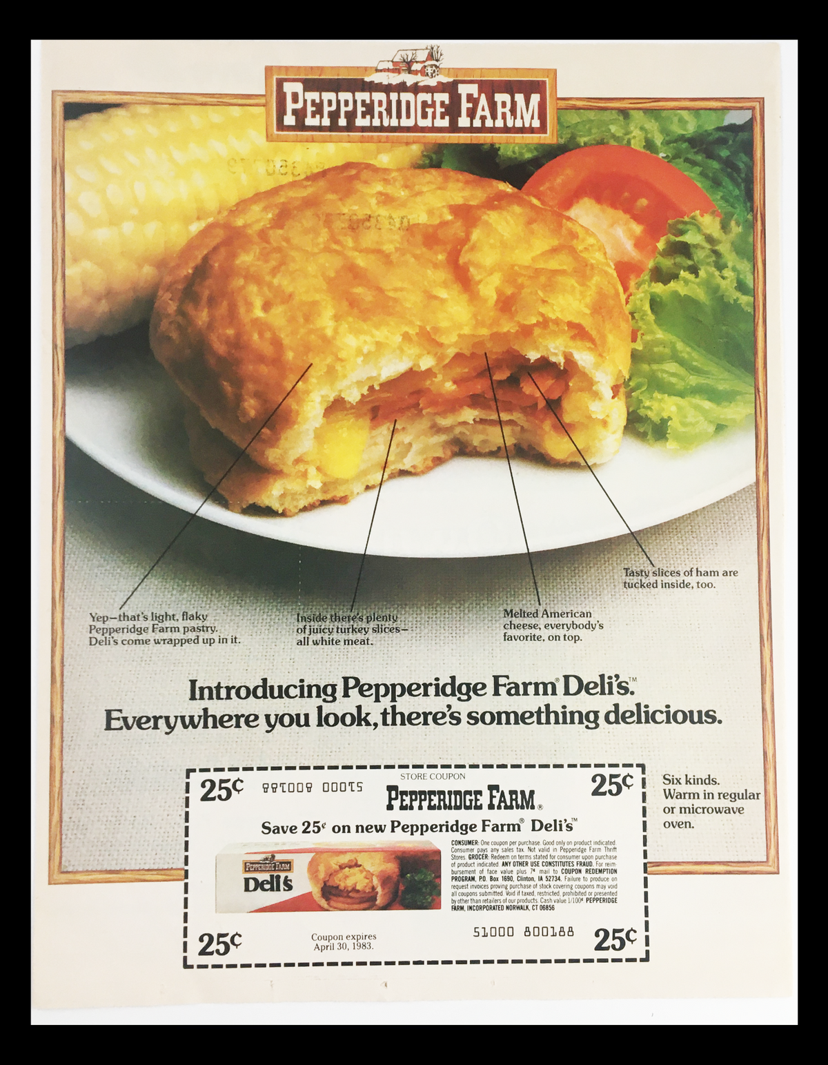 1983 Pepperidge Farm Deli Circular Coupon Advertisement showcasing a delicious Pepperidge Farm Deli sandwich with corn, highlighting a coupon offer.