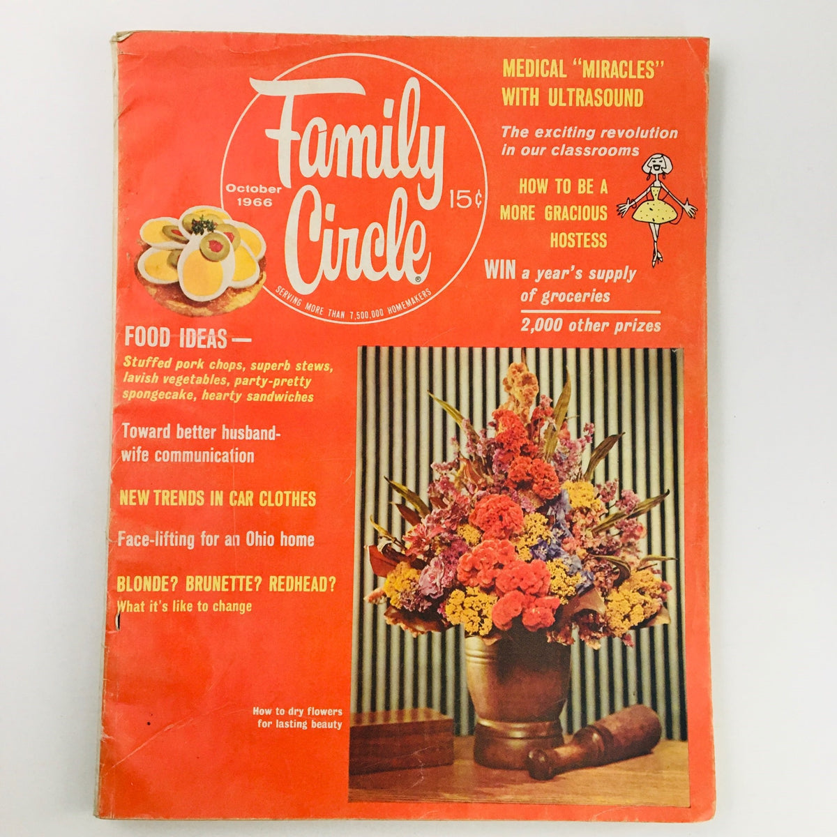 Cover of Family Circle Magazine from October 1966 featuring the title 'Medical Miracles' with Ultrasound. The vibrant cover includes illustrations, articles on food ideas, car clothes, and advice on communication, set against a bold red background, emphasizing mid-20th century design.