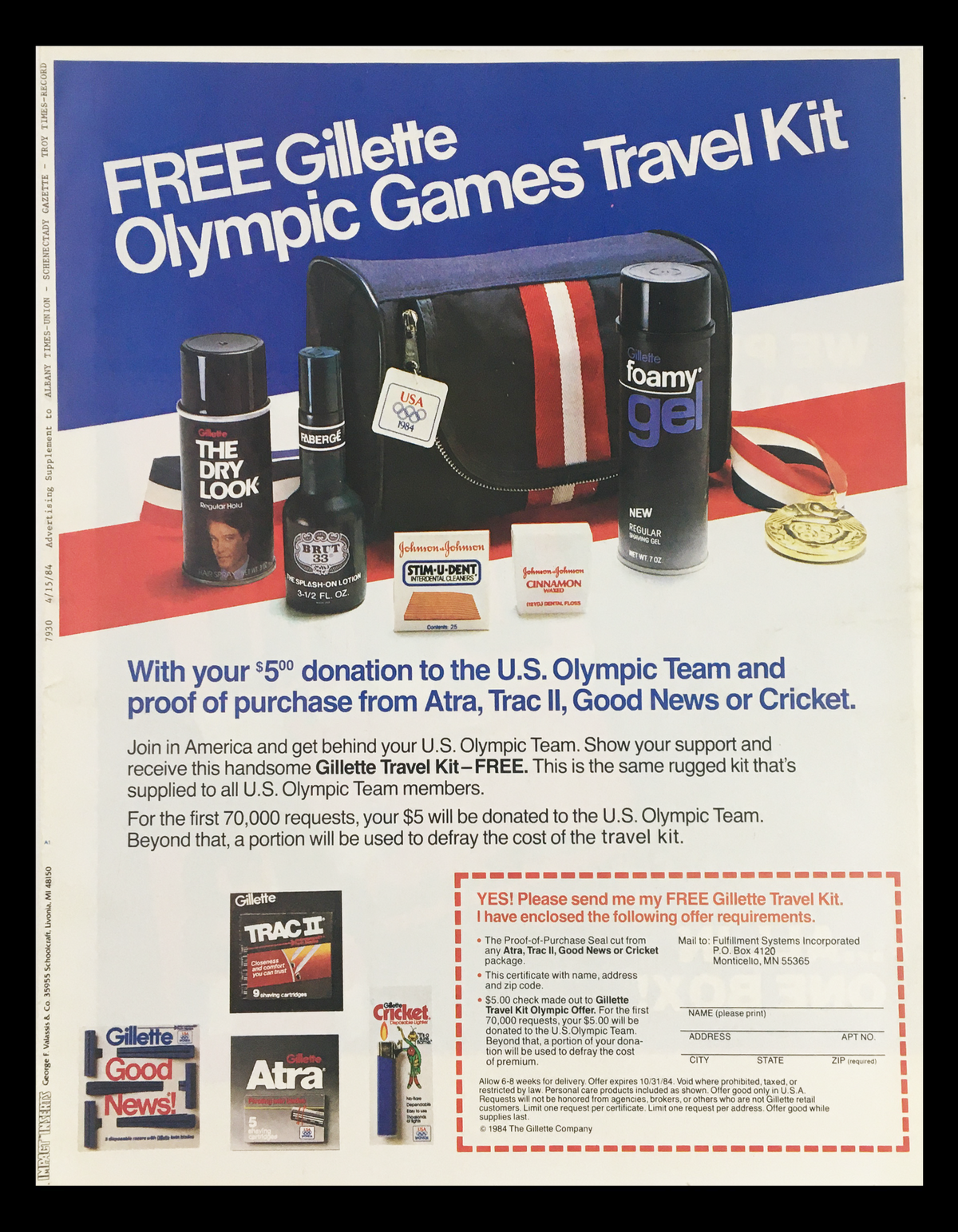 1984 Gillette Olympic Games Travel Kit Circular Coupon Advertisement featuring a promotional travel kit alongside shaving products and a gold medal, emphasizing the offer with a call to action.