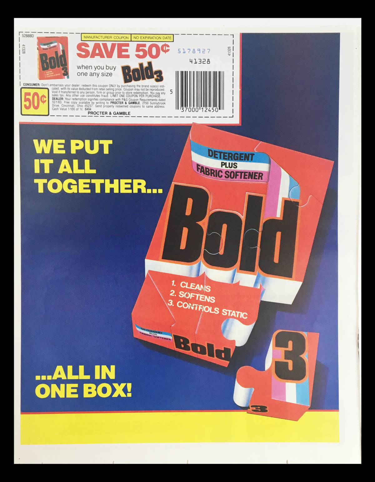 1984 Gillette Olympic Games Travel Kit Circular Coupon Advertisement showing a Bold detergent coupon with a colorful design, highlighting savings when purchasing laundry products.