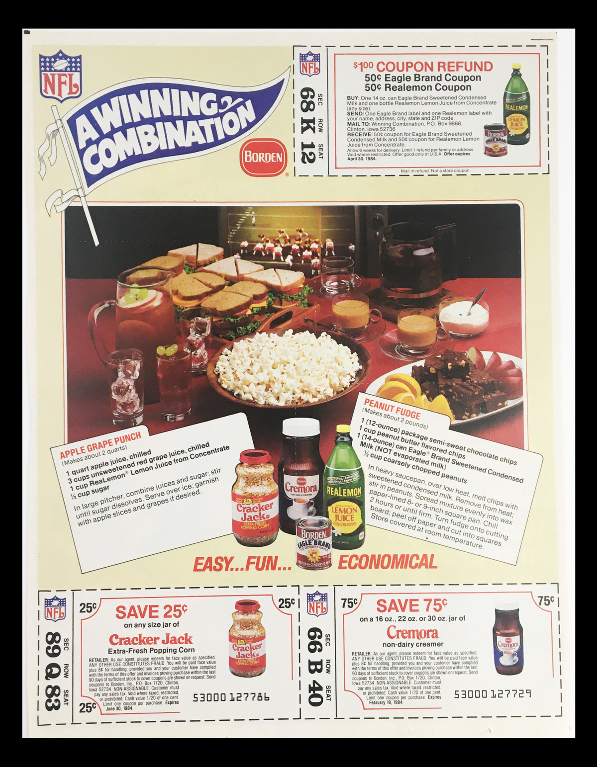 1984 NFL Eagle Brand & Realemon Circular Coupon Advertisement featuring a festive table setting with snacks, drinks, and promotional coupons, highlighting a combination offer from Borden, promoting savings on Eagle Brand and Realemon products.