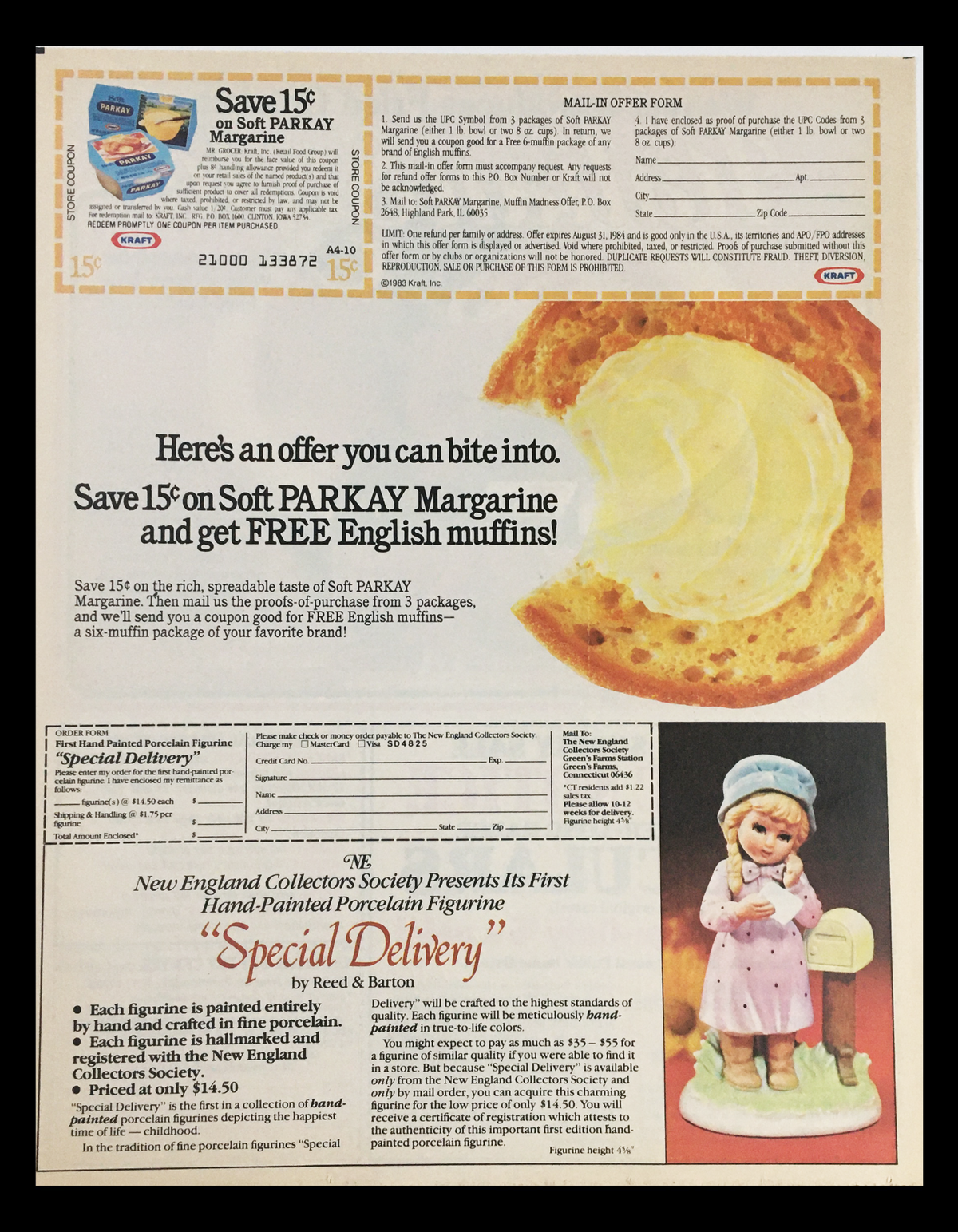 1983 Weaver Italian Style Seasoning Circular Coupon Advertisement showcasing a promotional offer for Soft PARKAY Margarine with a coupon and a porcelain figurine advertisement. Nostalgic vintage layout from the 1980s.