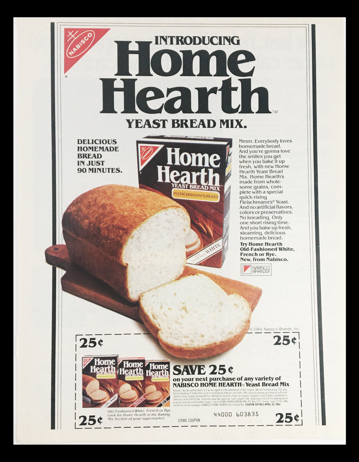 1984 Nabisco Home Hearth Yeast Bread Mix Circular Coupon Advertisement featuring a loaf of homemade bread and the product box, highlighting a coupon savings offer.