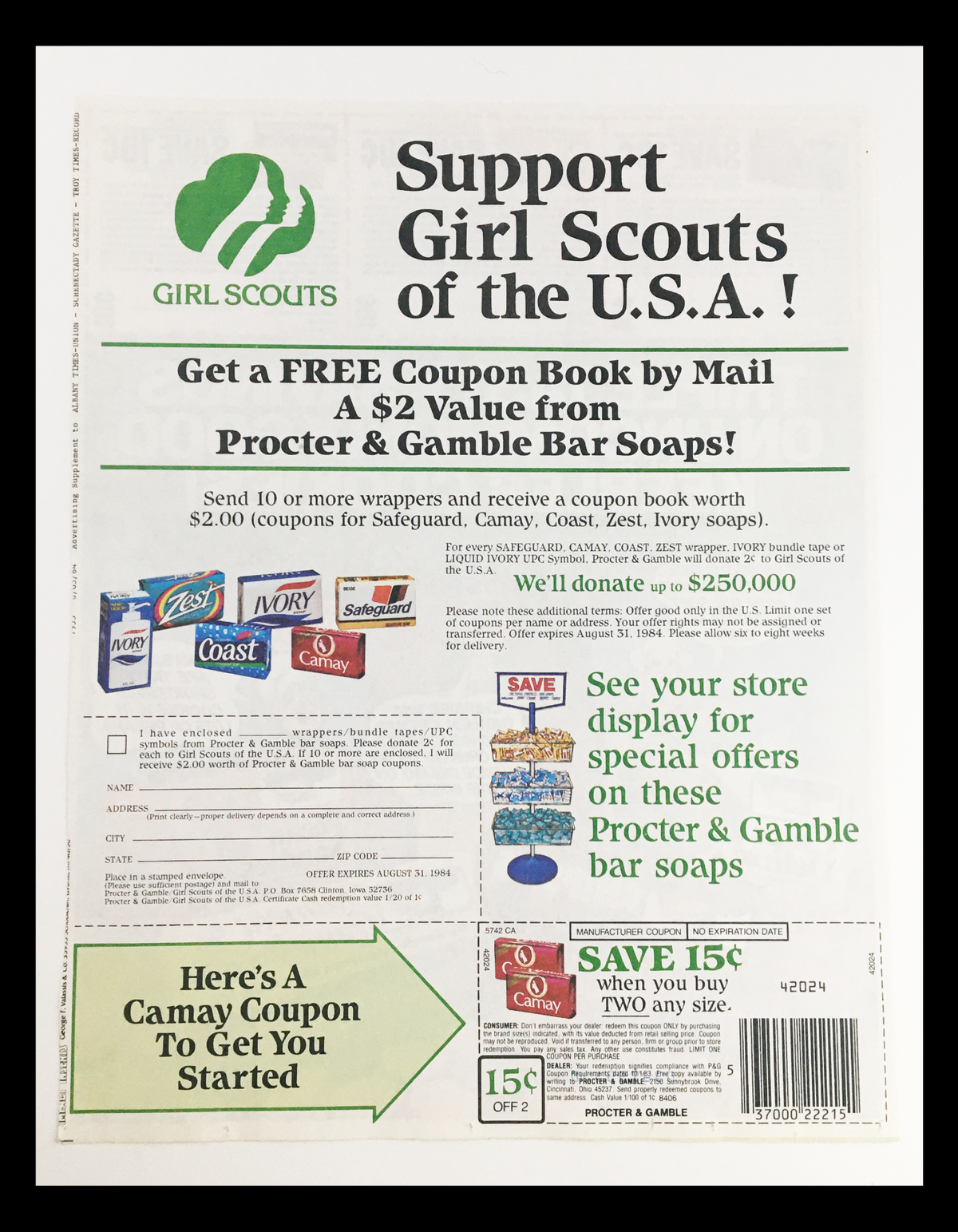 1984 advertisement for Girl Scouts of the USA, promoting a free coupon book and highlighting products from Procter & Gamble with a coupon for savings, featuring various soap brands and related offers.