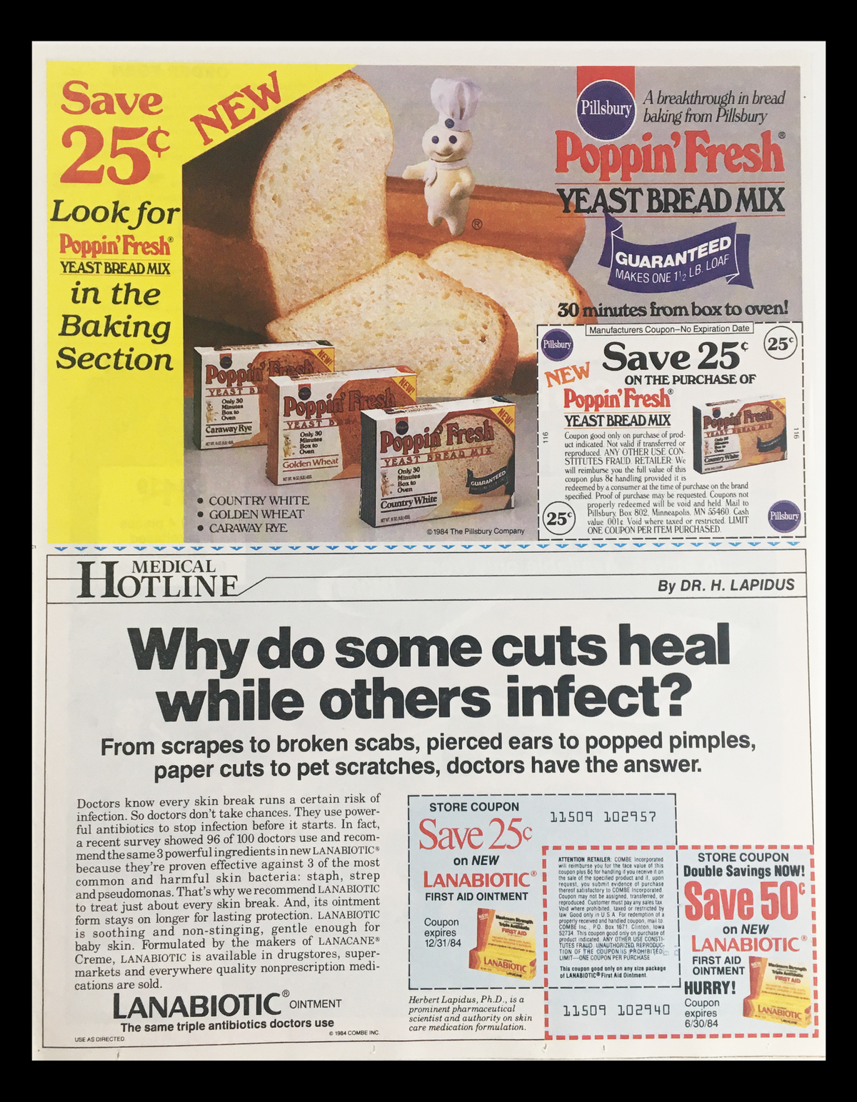 1984 Corning Ware Bakeware Set Circular Coupon Advertisement featuring Poppin' Fresh Yeast Bread Mix and an advertisement for medical care, highlighting savings and product information.