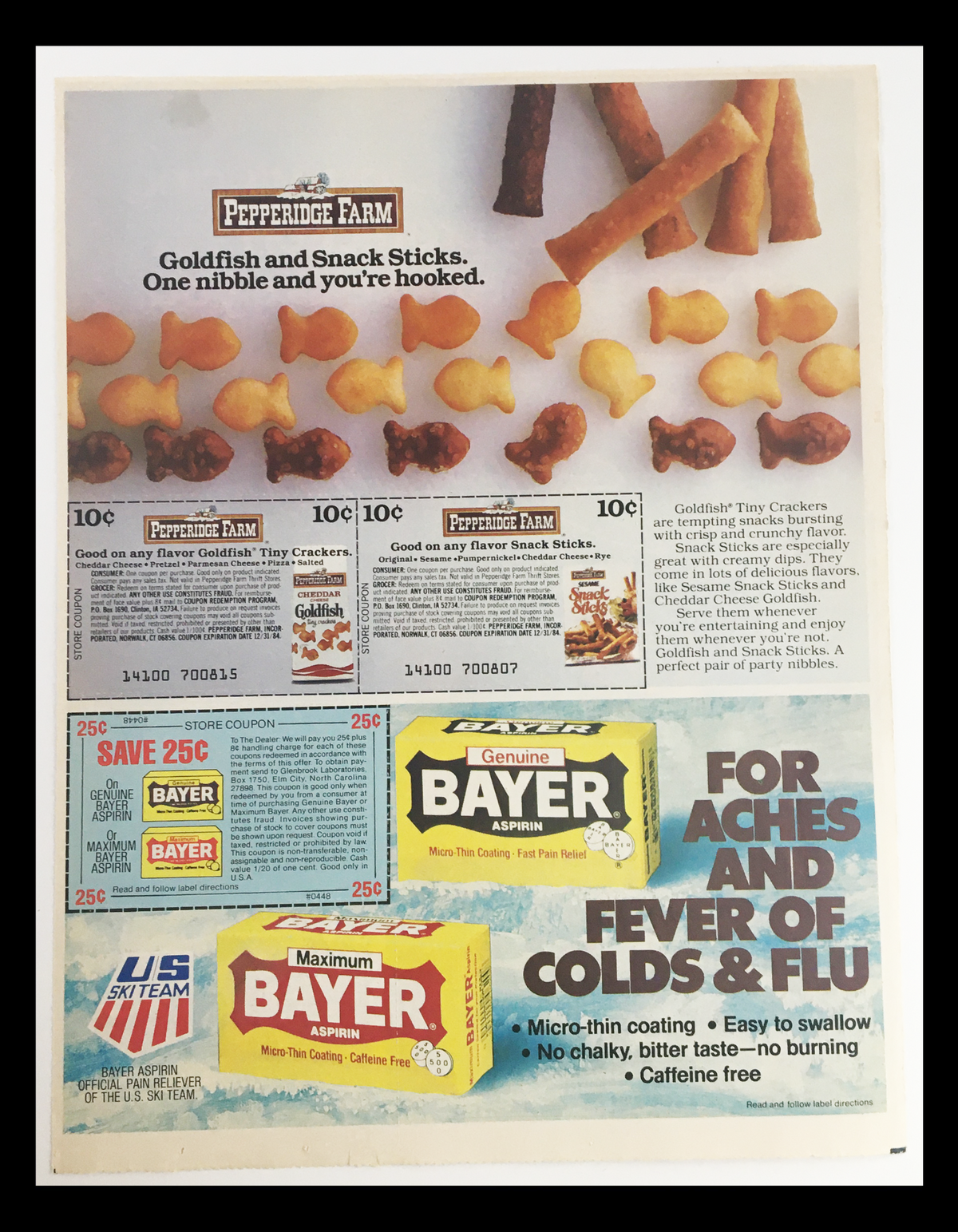 1984 Pepperidge Farm advertisement featuring Goldfish snacks and snack sticks, including coupons for savings on Bayer aspirin, promoting health relief for aches and fever.