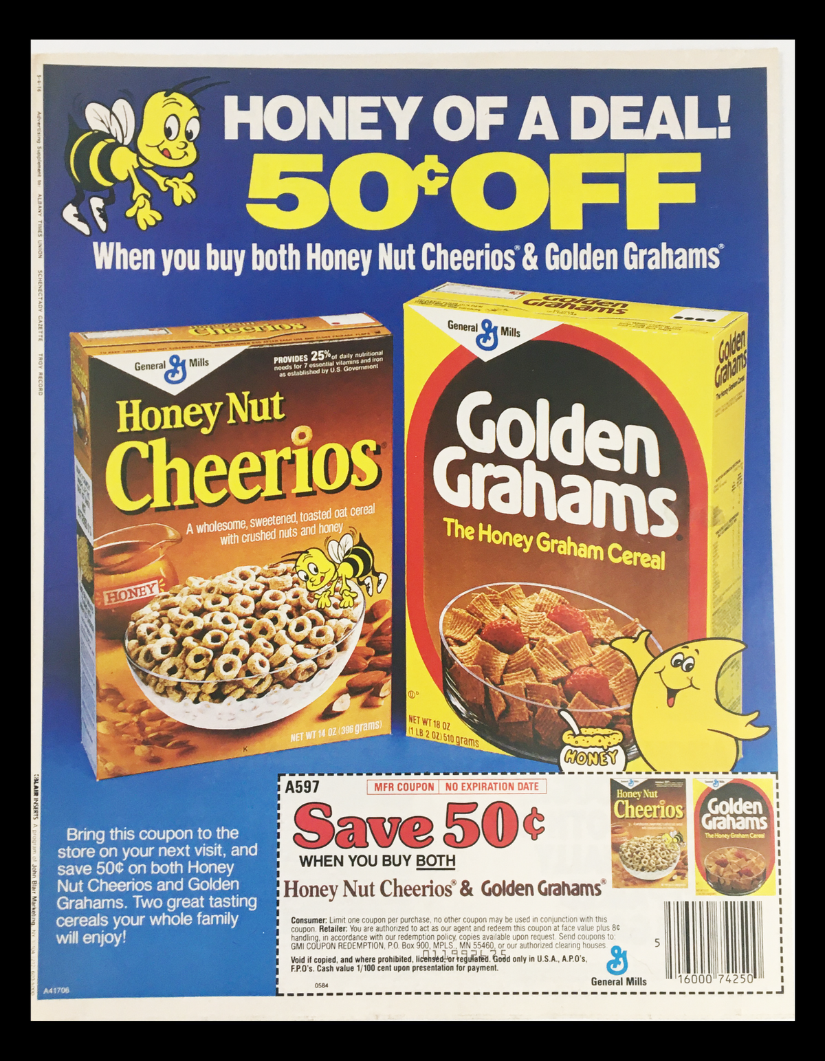 1983 General Mills Honey Nut Cheerios Cereals Circular Coupon Advertisement featuring a vibrant display of Honey Nut Cheerios and Golden Grahams with promotional text for saving 50 cents.