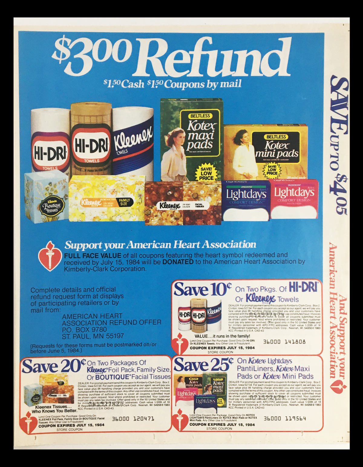 1984 Support American Heart Association Circular Coupon Advertisement showcasing various products including Hi-DRI and Kleenex, featuring coupon information and promotional offers. The advertisement emphasizes support for the American Heart Association.