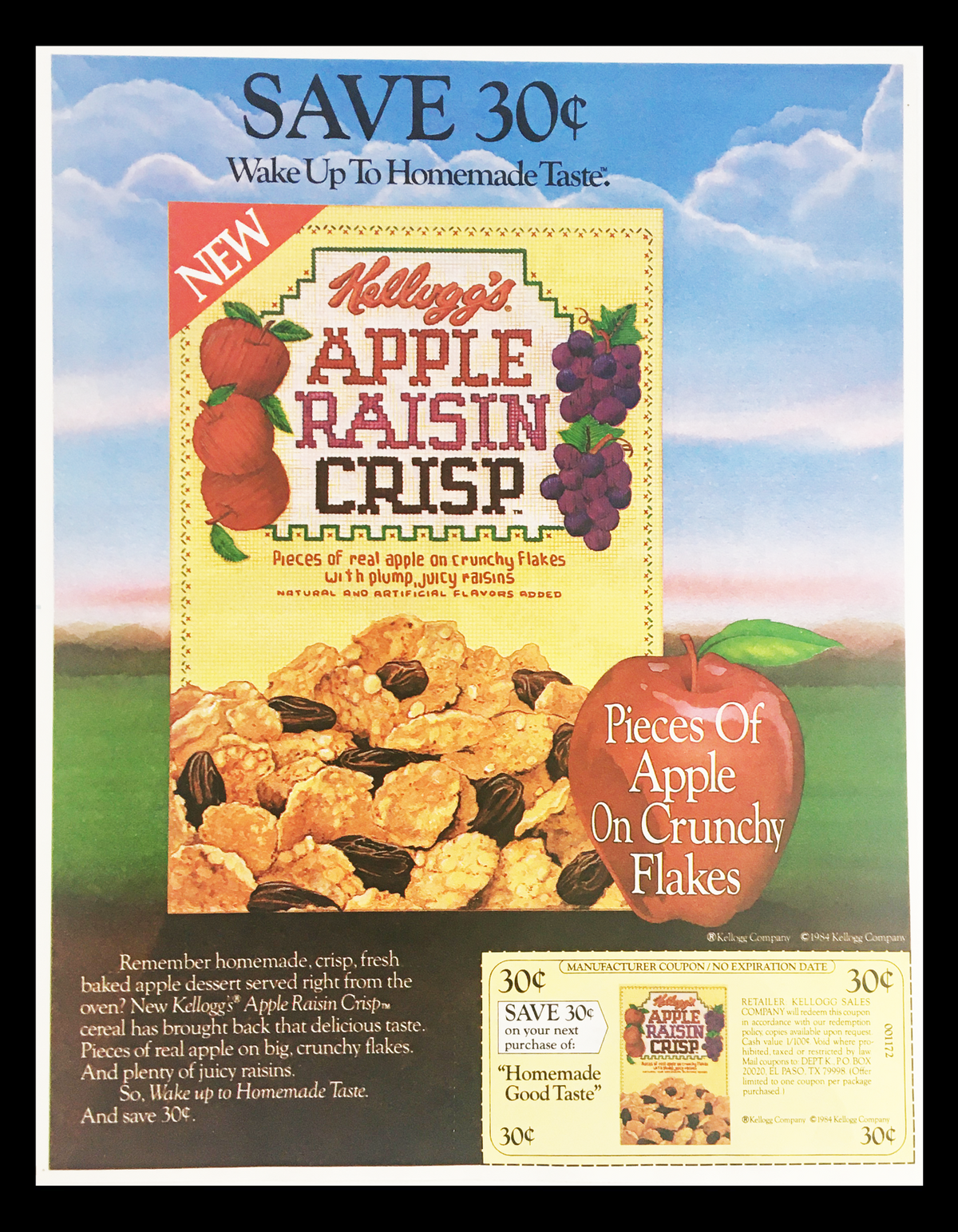 1984 Kellog's Apple Raisin Crisp Crunchy Flakes Circular Coupon Advertisement showcasing the product packaging with the tagline 'Wake Up to Homemade Taste' and highlighting 'Pieces of Apple On Crunchy Flakes.'