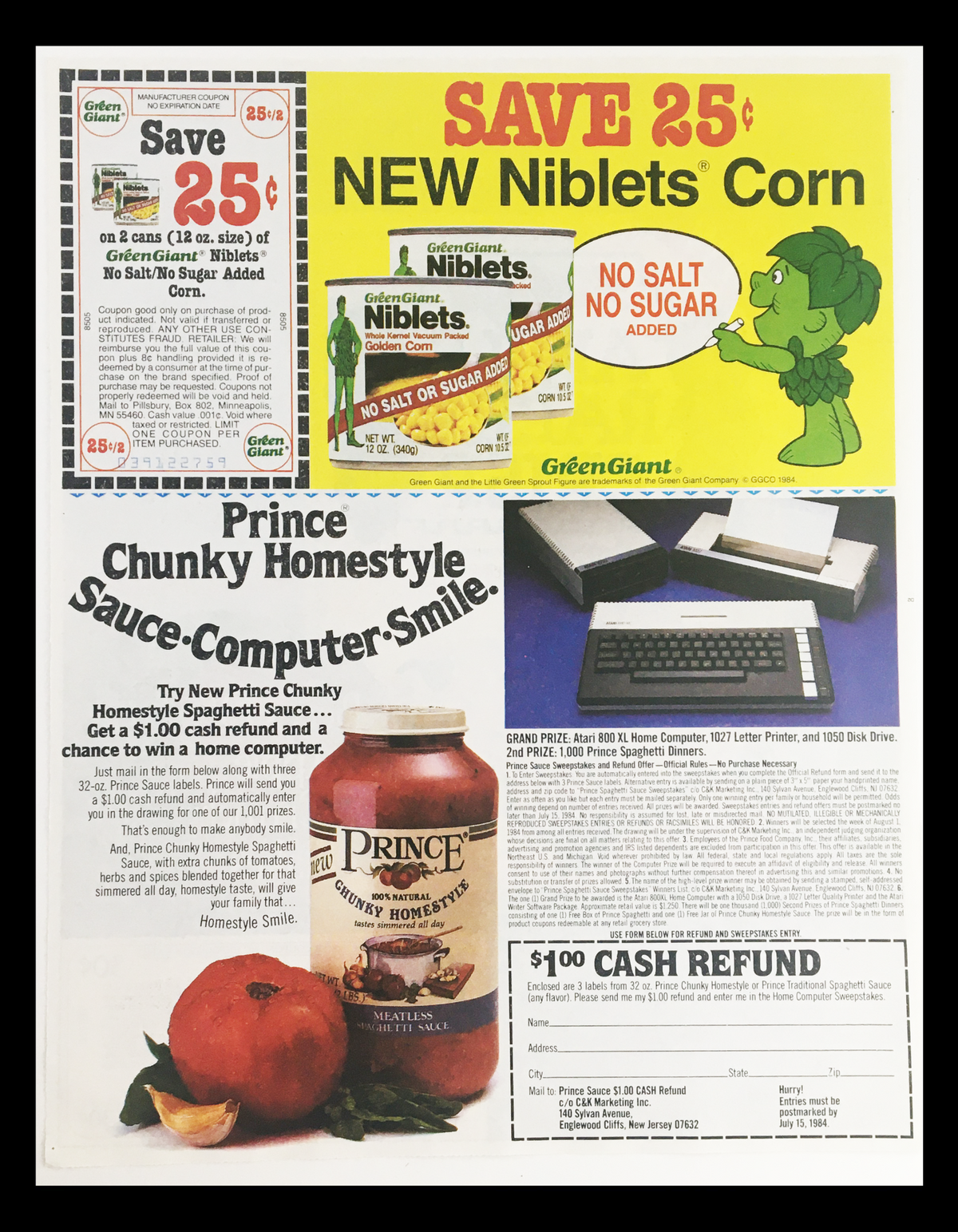 1984 advertisement featuring various products including Green Giant's Niblets Corn and Prince Chunky Homestyle Sauce, with a focus on promotional savings and offers.