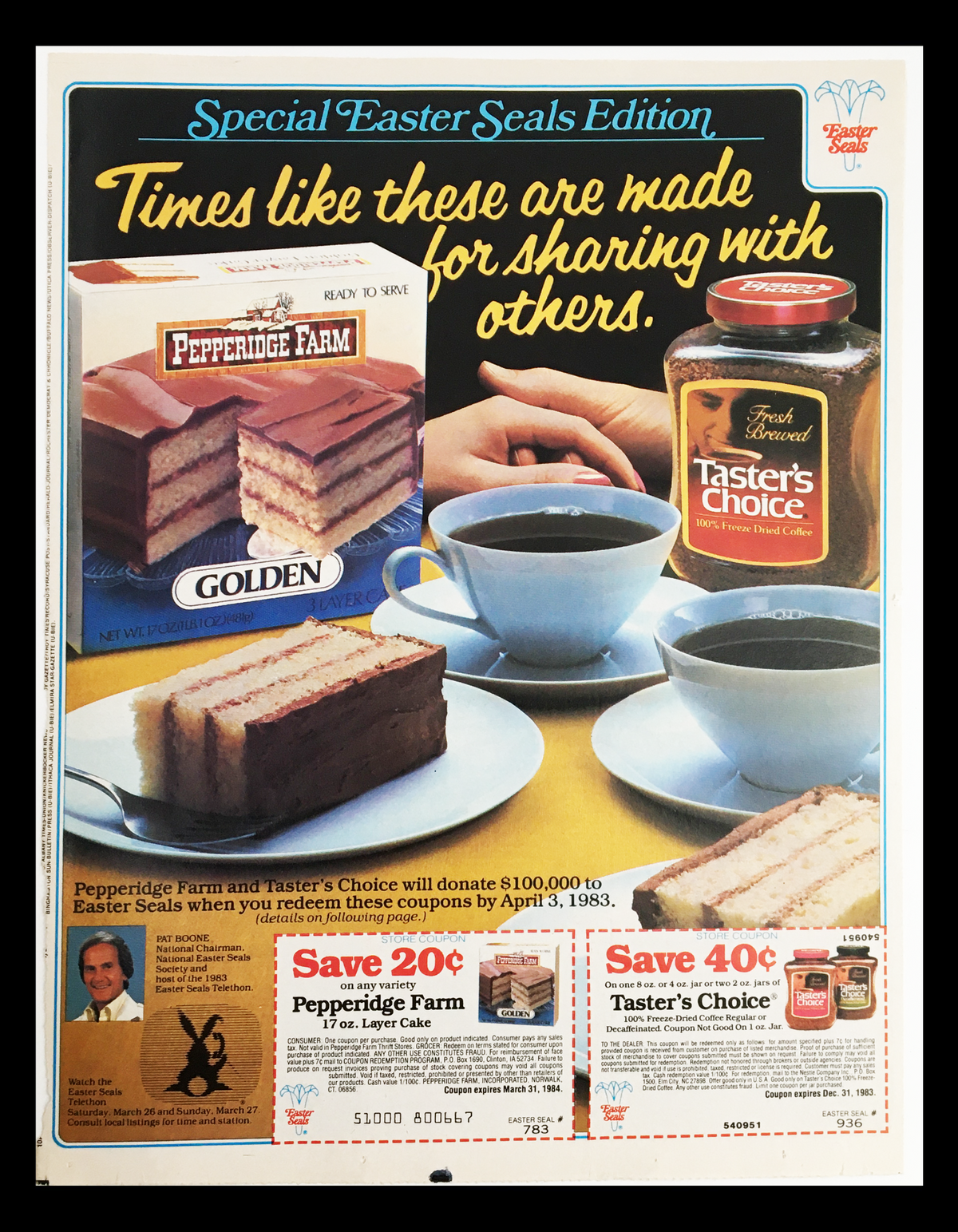 1983 Pepperidge Farm Golden Cake & Folger's Coffee Circular Coupon Advertisement showcasing a slice of cake, a cup of Taster's Choice coffee, and an Easter Seals donation mention.