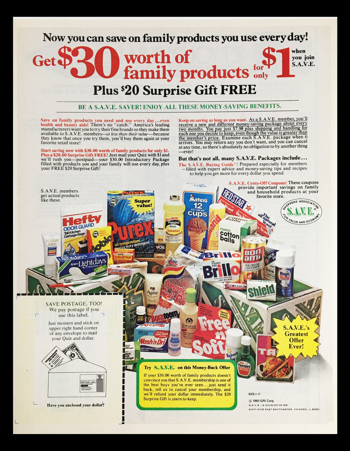 1983 Shopper's Association Save Circular Coupon Advertisement showcasing a variety of household products, including cleaning supplies and personal care items, along with a promotional offer for a S.A.V.E. membership.