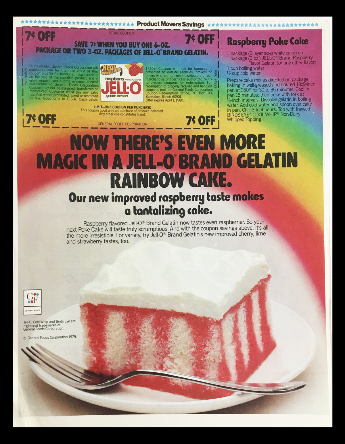 1979 Jell-O Brand Gelatin Rainbow Cake Circular Coupon Advertisement featuring a vibrant rainbow cake and details on coupon savings for Jell-O products.