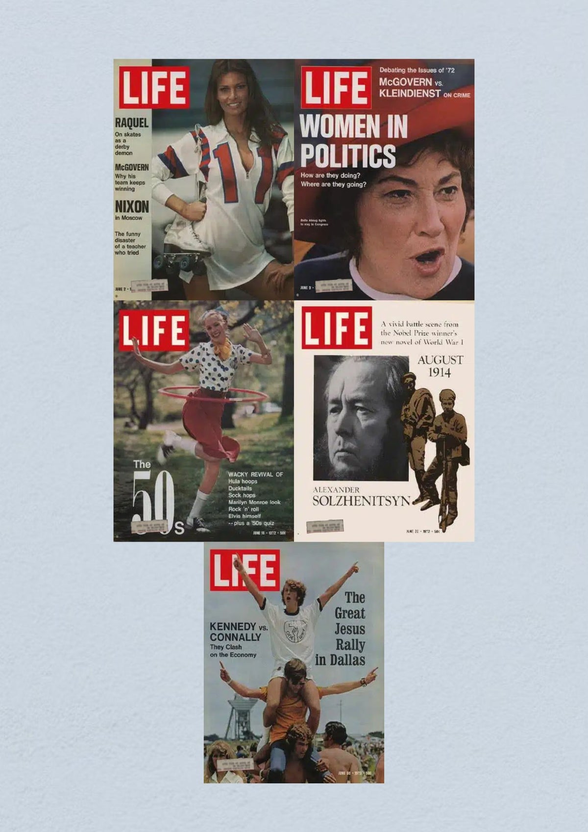 Life Magazine Lot of 5 from June 1972 featuring iconic covers including Raquel Welch on June 2, 1972, articles on women in politics, a nostalgic look at the 1950s, and significant events including the Kennedy vs. Connally clash.