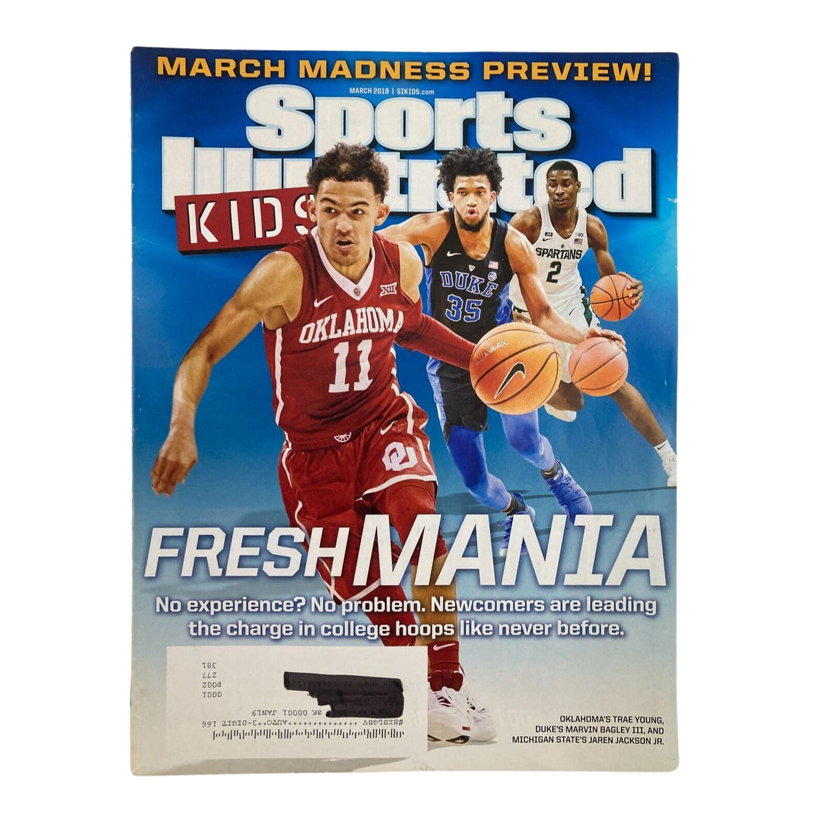 Cover of Sports Illustrated Kids magazine illustrating March Madness with the title 'Freshmania', featuring college basketball highlights, part of the Lot of 6 2000s Sports Illustrated Kids Collection Magazine LeBron James NO CARDS.