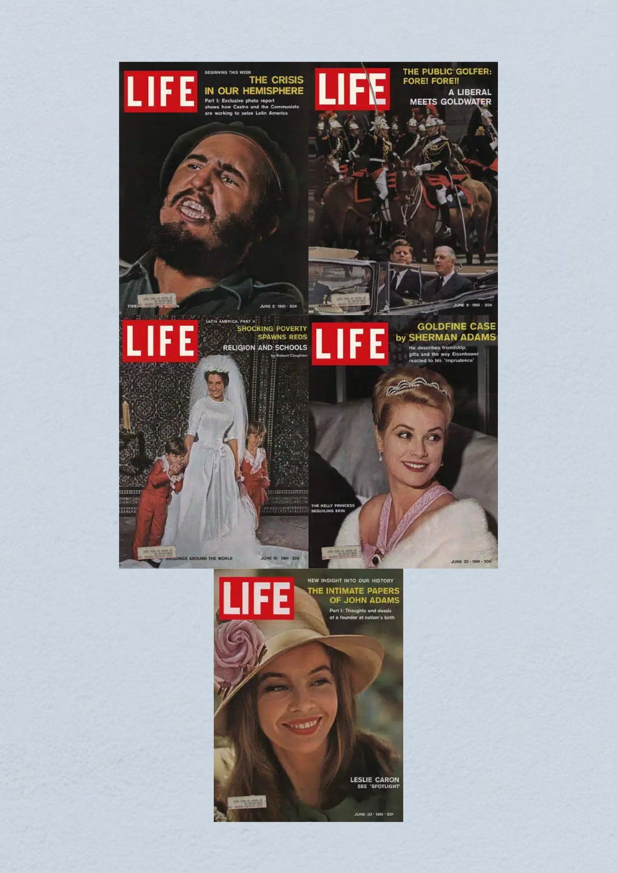 Life Magazine Lot of 5 Full Month June 1961 featuring issues from June 2 covering Fidel Castro, June 9 with President Kennedy, June 16 highlighting weddings worldwide, and June 30 showcasing the intimate papers of John Adams.