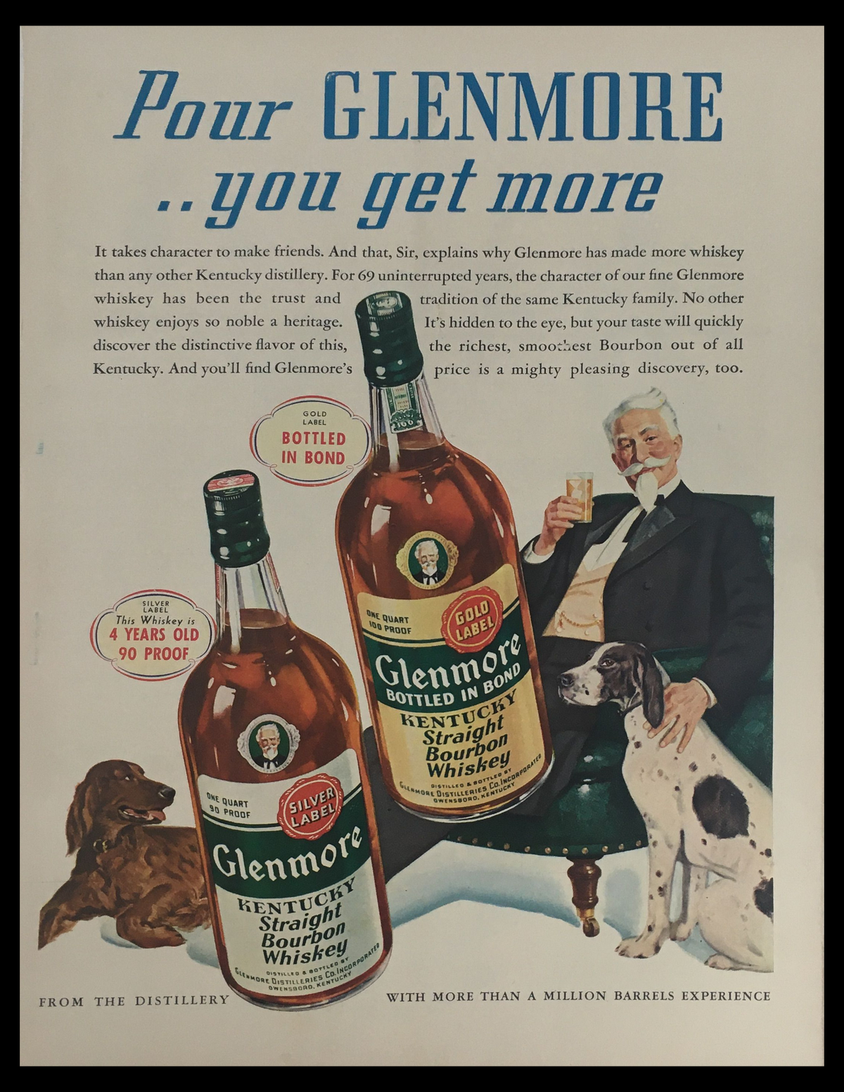 1941 Glenmore Kentucky Straight Bourbon Whiskey Vintage Print Ad featuring elegant graphics and typography showcasing Glenmore whiskey bottles and a distinguished gentleman, embodying the essence of early 20th century American whiskey culture.