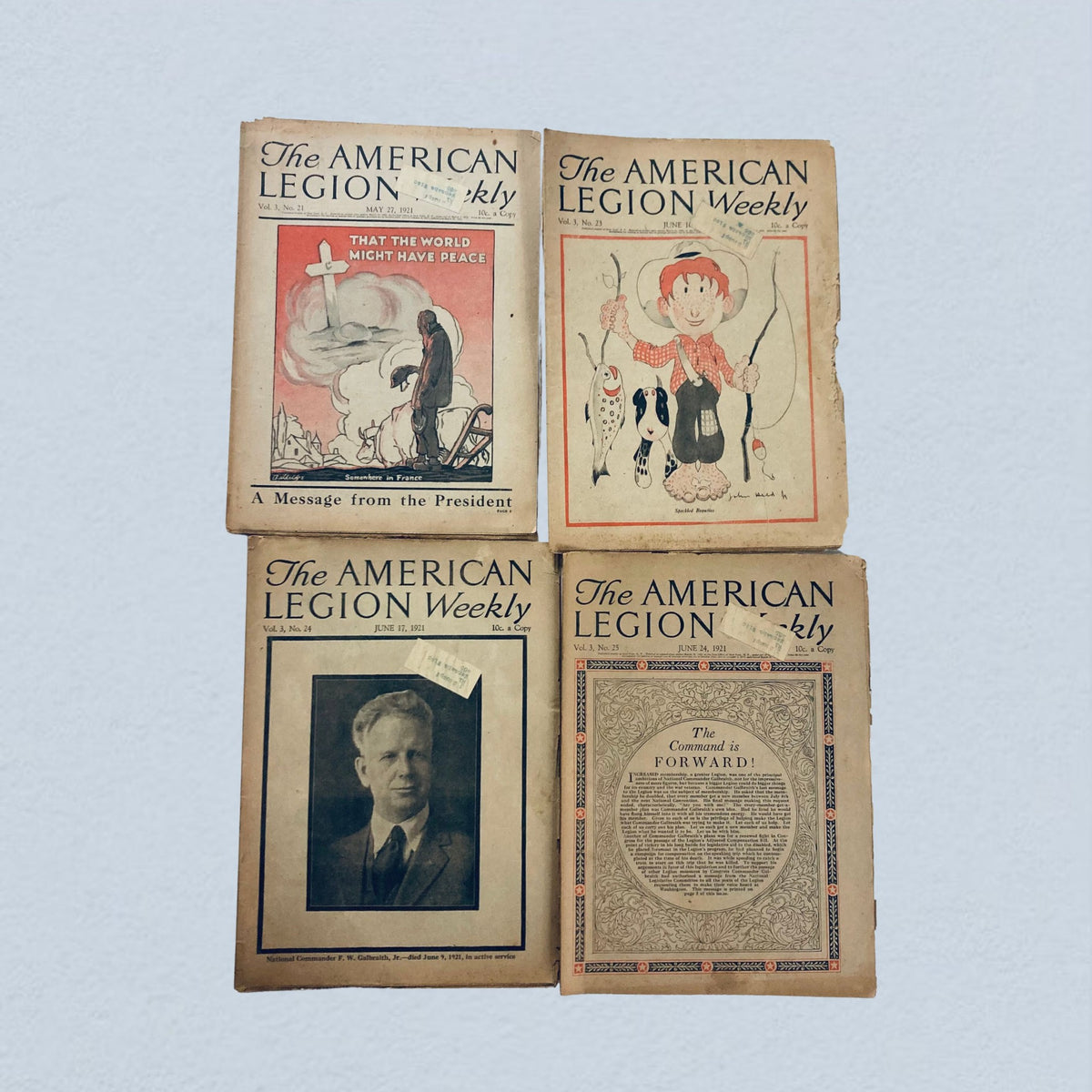 Lot of 40 VTG The American Legion Weekly Magazine January, December 1921 featuring four historic magazine covers that illustrate the themes of peace, policy, and national sentiment following World War I.