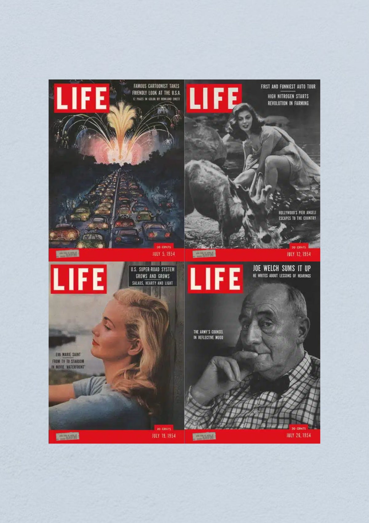 Life Magazine Lot of 4 Full Month of July 1954 featuring covers from July 5, 12, 19, and 26, highlighting the Civil Rights Era with significant historical events and cultural insights.