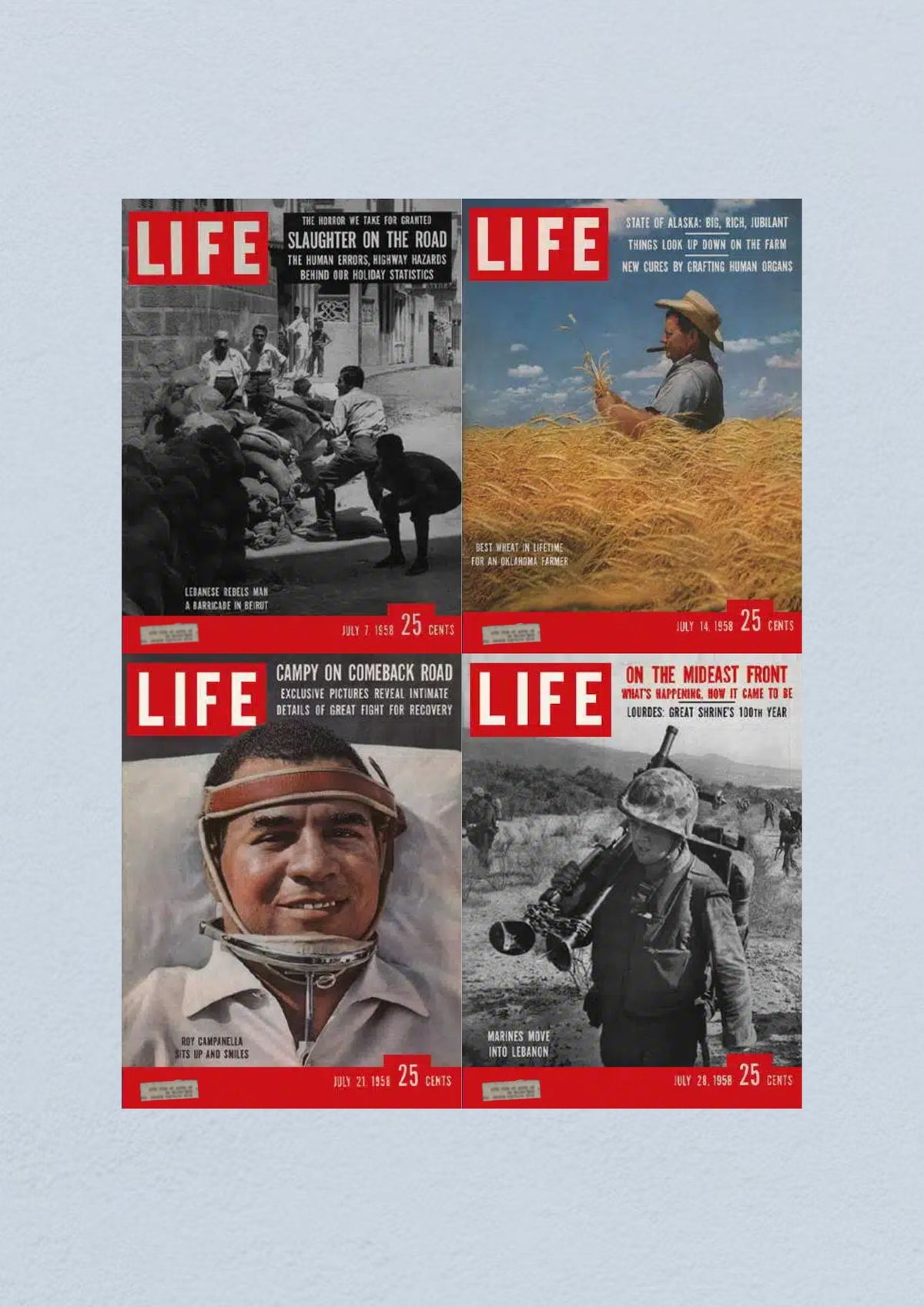 Life Magazine July 28, 1958 cover showcasing U.S. Marines moving into Lebanon with the headline 'On the Mideast Front'.