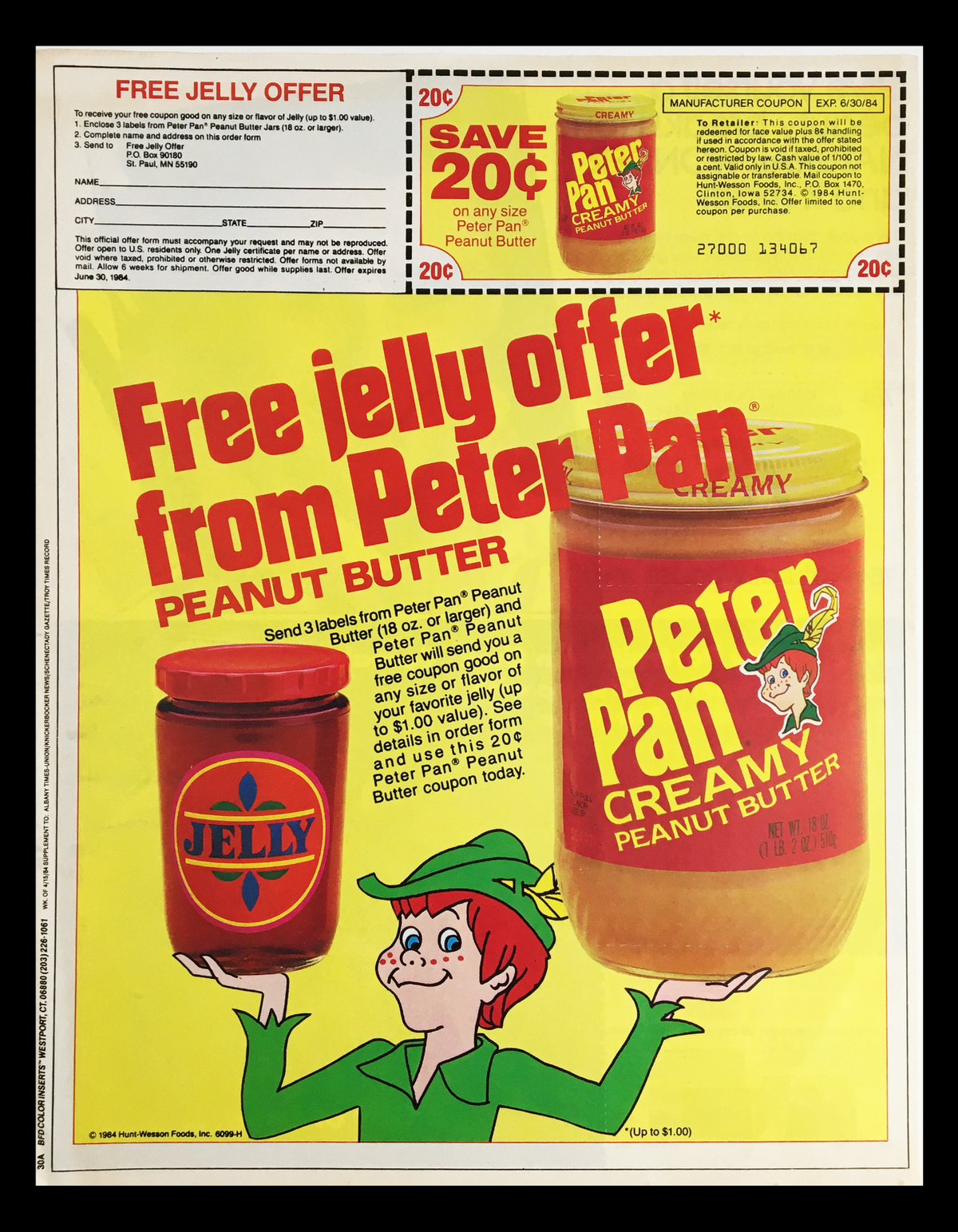 1984 Peter Pan Creamy Peanut Butter Circular Coupon Advertisement featuring a free jelly offer from Peter Pan. The advertisement showcases jars of Peter Pan Creamy Peanut Butter and Jelly, encouraging customers to redeem a coupon for savings on peanut butter purchases.