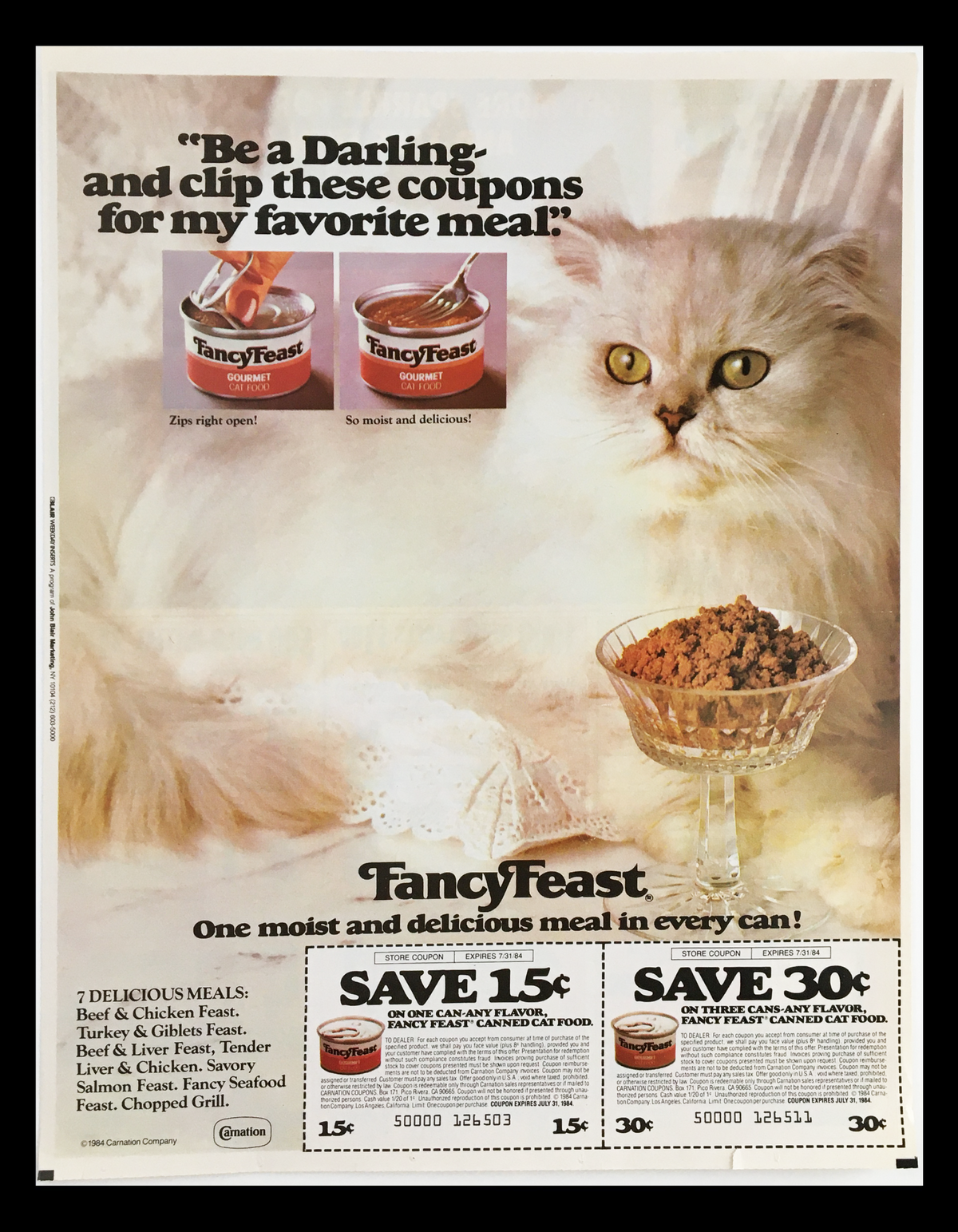 1984 Fancy Feast Gourmet Cat Food Circular Coupon Advertisement featuring a fluffy white cat with a bowl of food and two cans of Fancy Feast. The ad highlights coupons for savings on various Fancy Feast products and promotes delicious meals in every can.